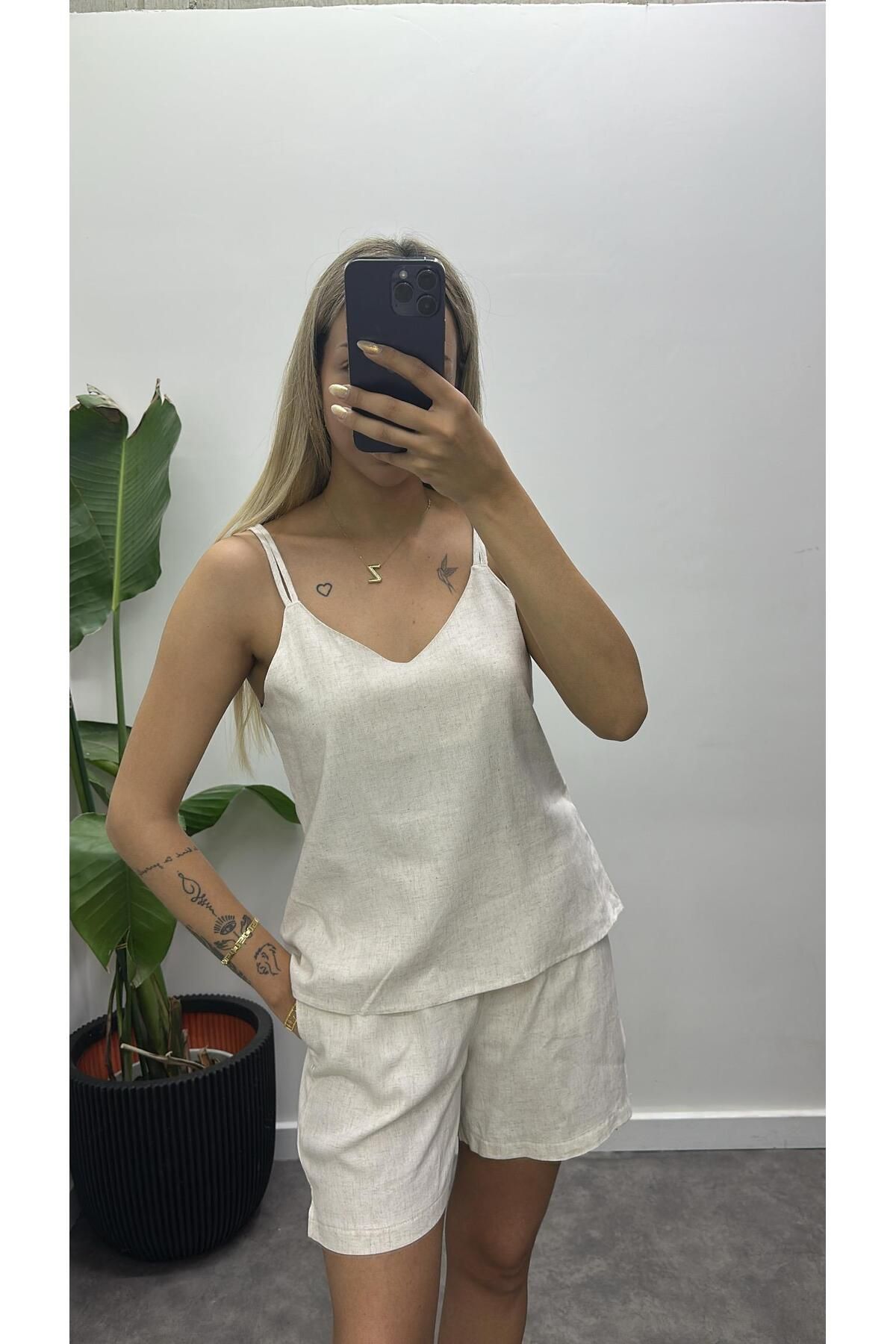 Acar Boutique Askılı Keten Şortlu Takım