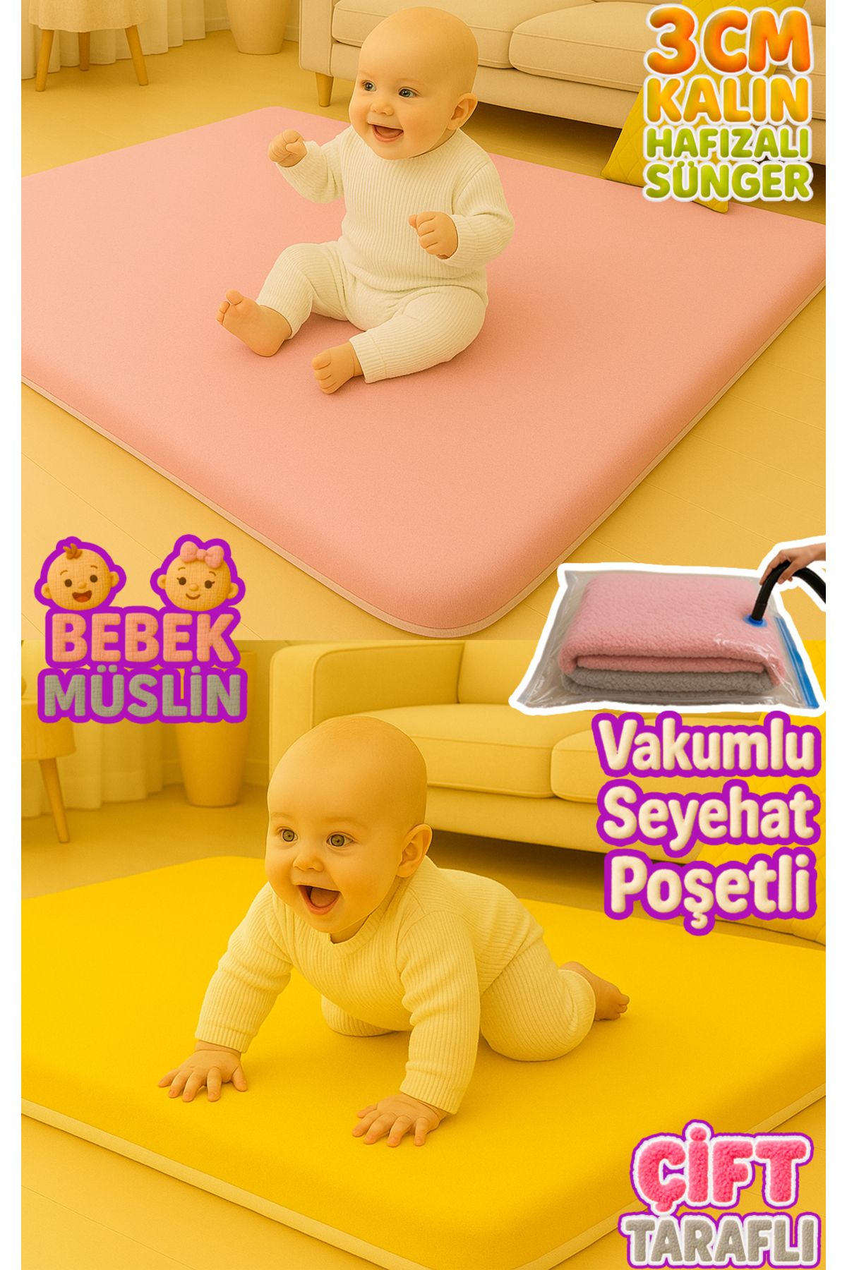Carpetella 3 CM Kalın Çift Taraflı Müslin Kumaş Bebek Oyun Matı Vakum Poşetli Taşınabilir Çocuk Halısı