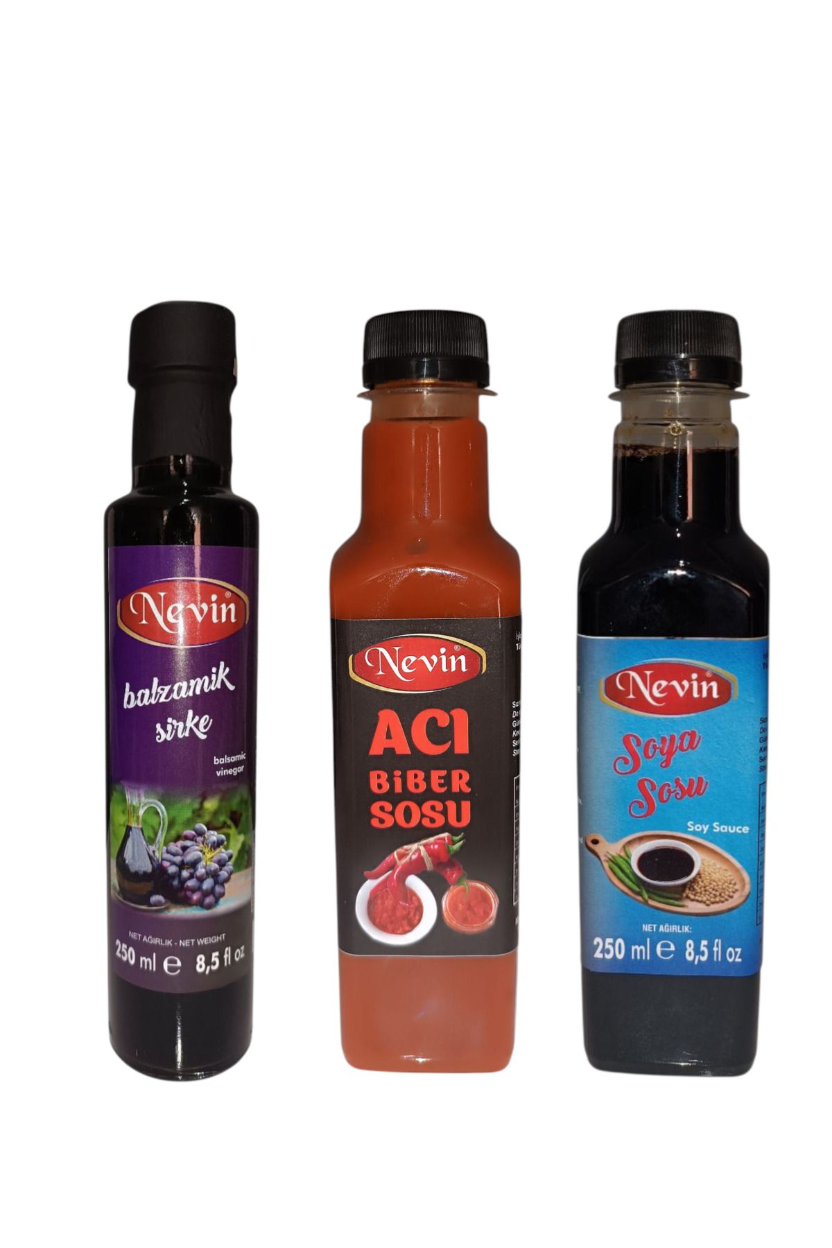 nevin Balzamik Sirke 250 ml + Soya Sosu 250 ml + Acı Sos 250 ml