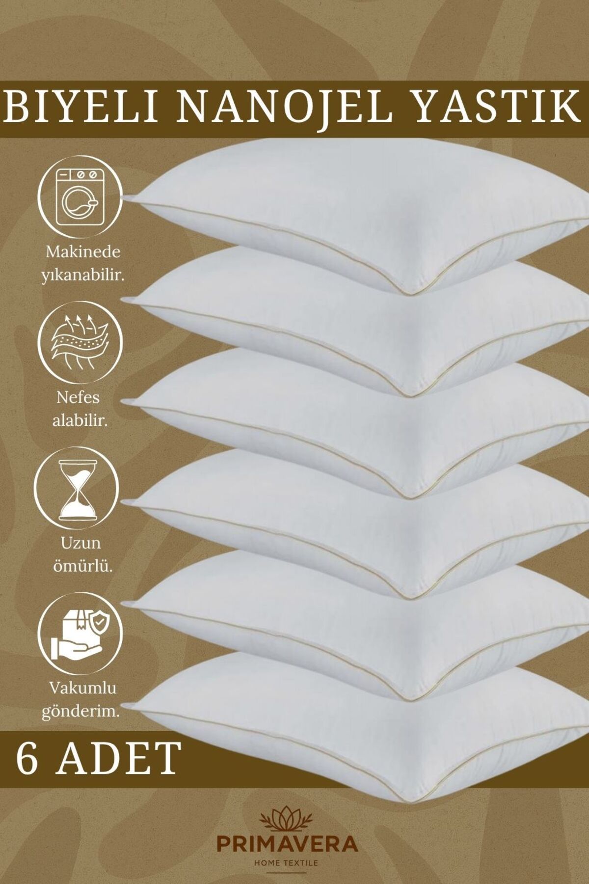 Primavera Home Clouda Serisi 6'lı Nanojel Yastık (800 GR) – Makinede Yıkanabilir, Vakumlu Paket
