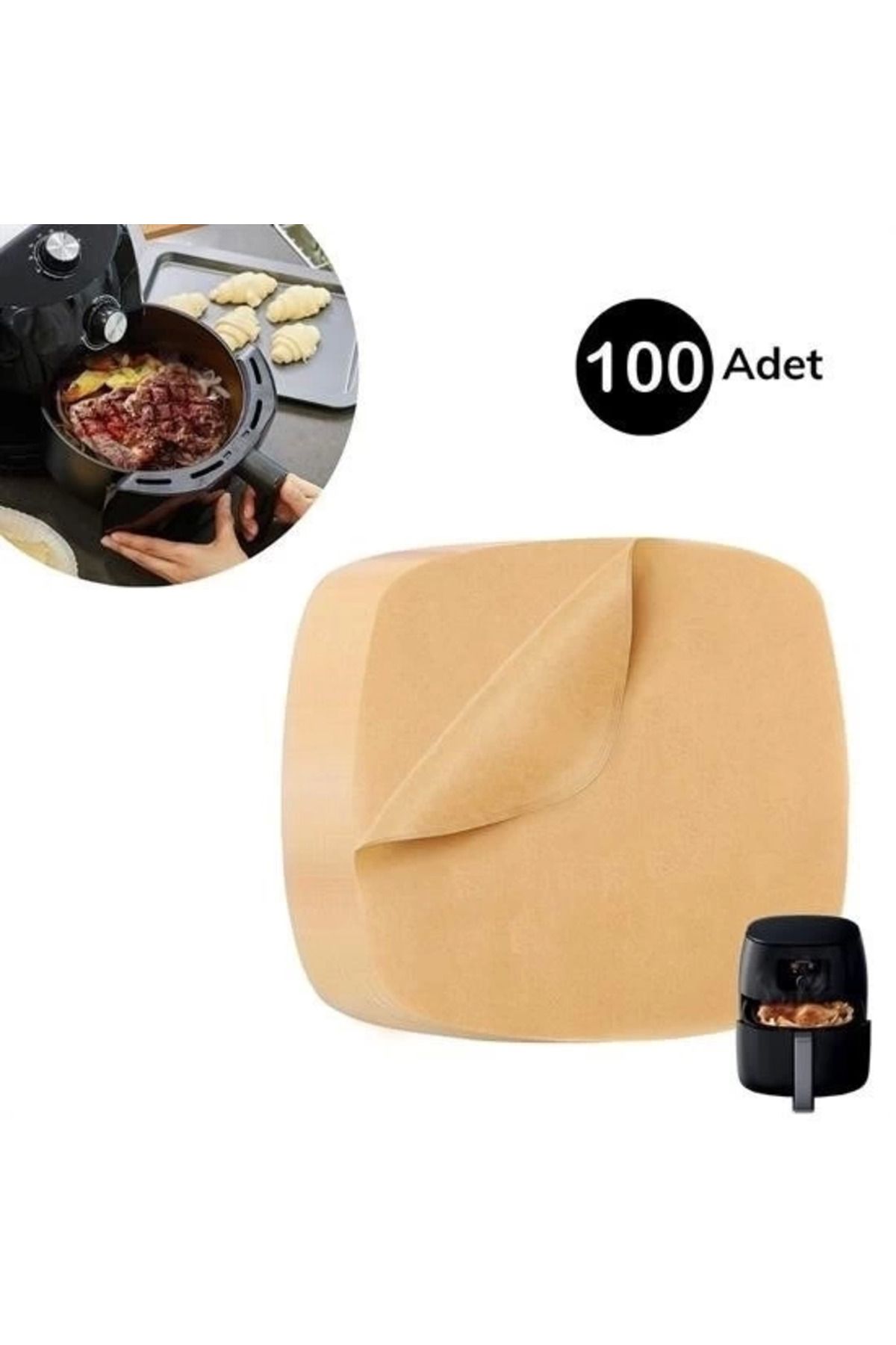 MELFSHOP 100 Adet Air Fryer Pişirme Kağıdı Tek Kullanımlık Yağ Su Geçirmez Yapışmaz Deliksiz Düz Kare Model