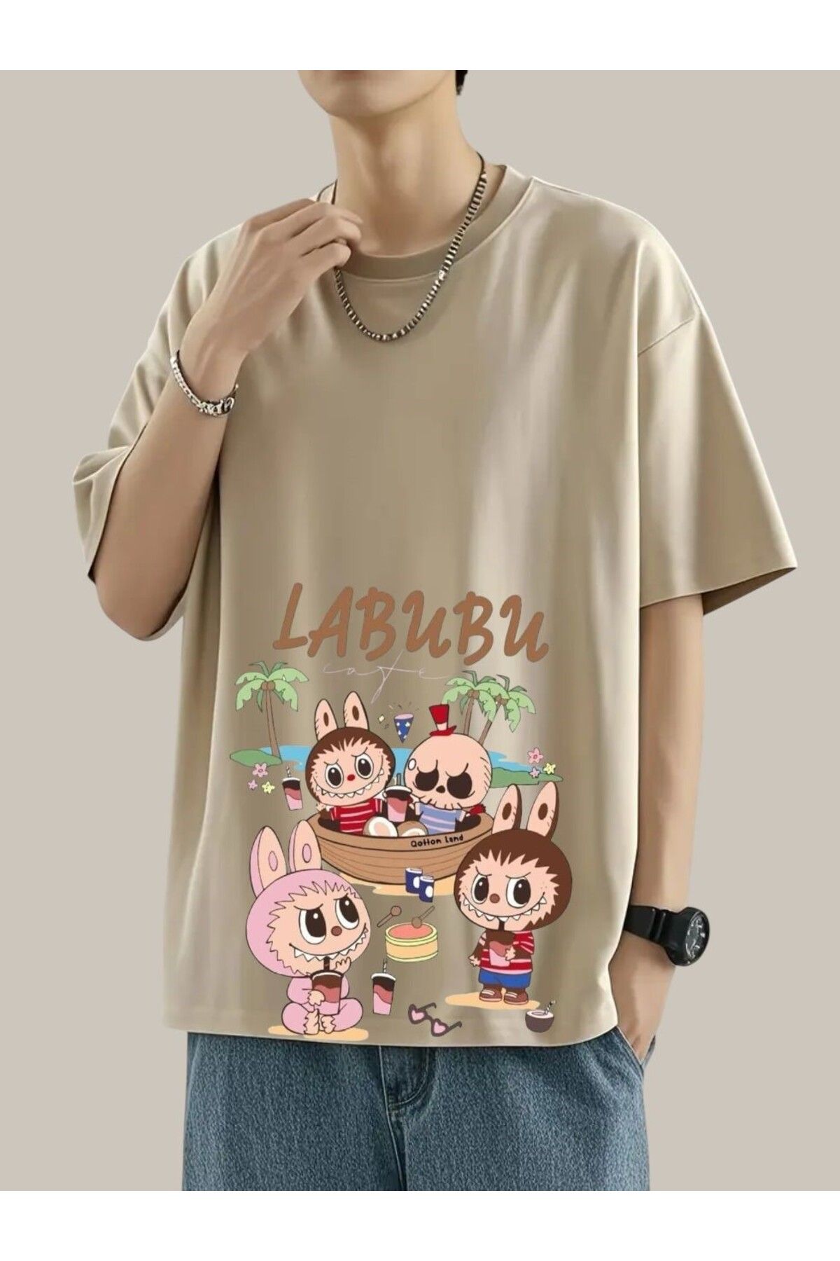 DEEFWEAR Bej Labubu Qotton Land Ön Baskılı Oversize Tshirt