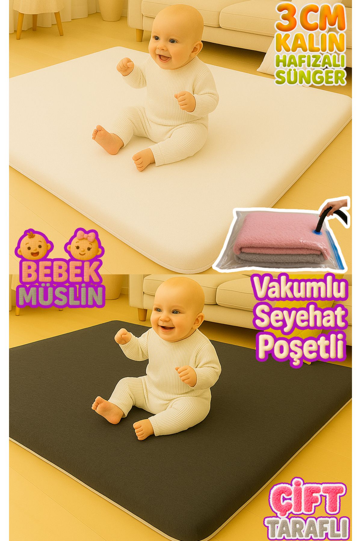 Carpetella 3 CM Kalın Çift Taraflı Müslin Kumaş Bebek Oyun Matı Vakum Poşetli Taşınabilir Çocuk Halısı