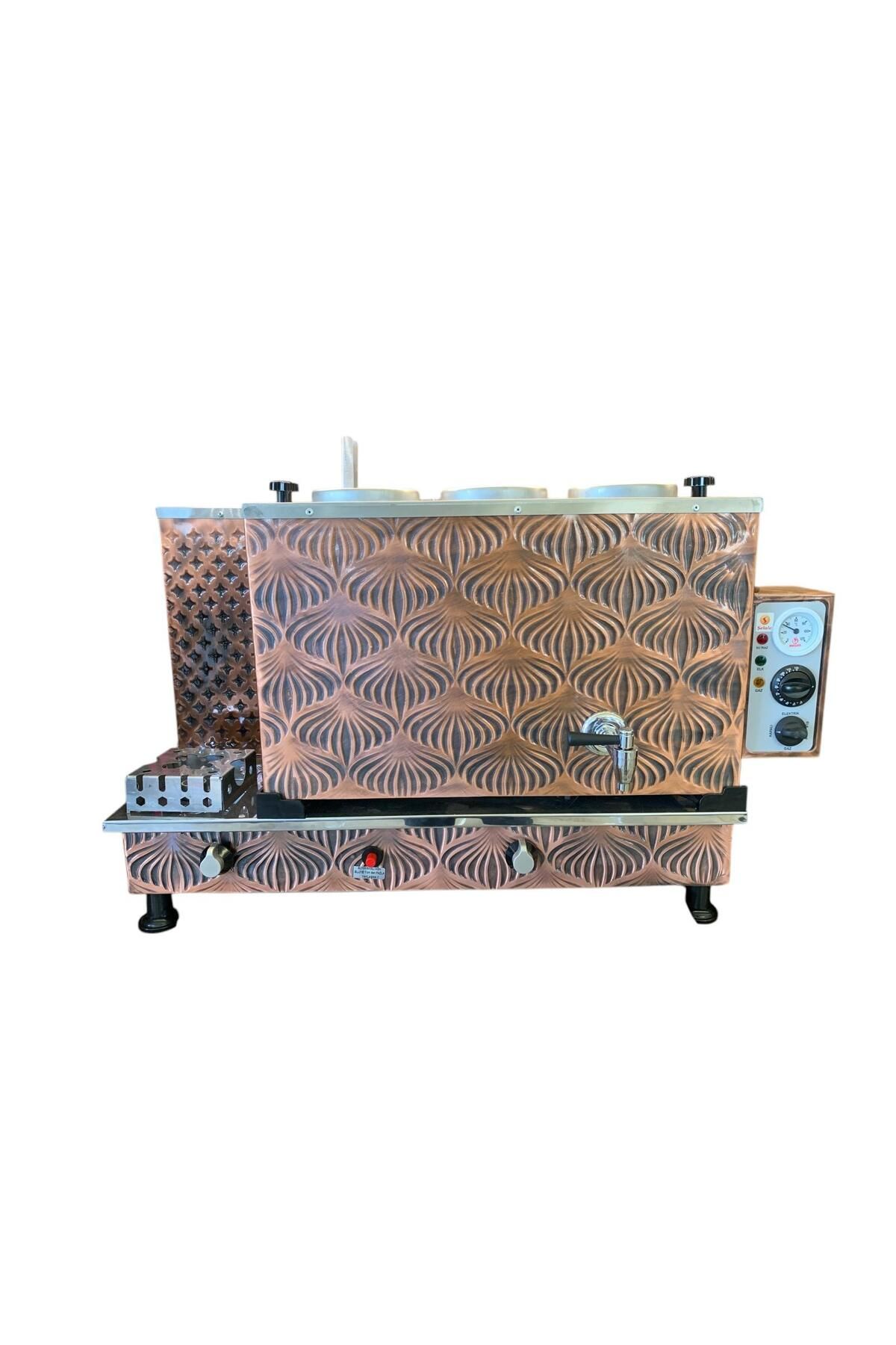 Meşale 3 Demlikli Antik Bakır Midye Desen Elektrik + Gazlı Full Otomatik Çay Kazanı