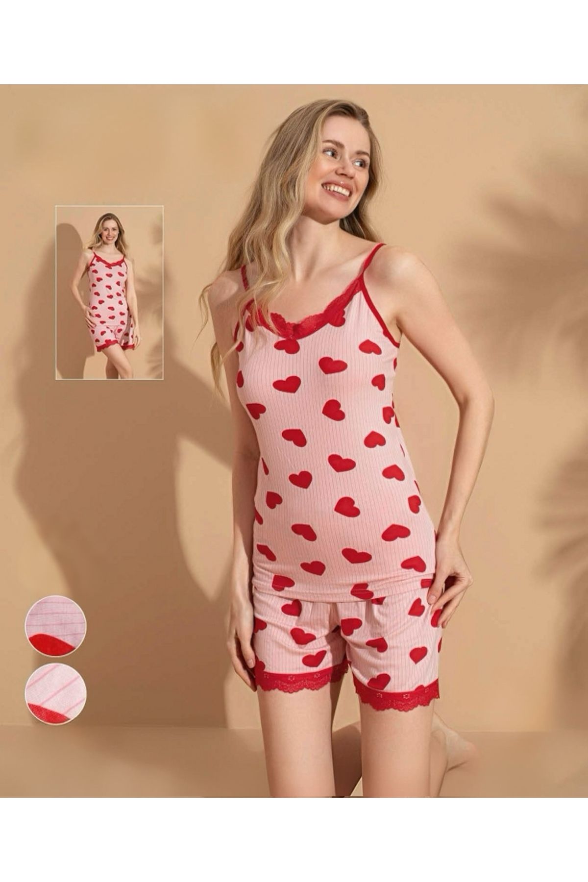 OMODAM Dantel Detaylı Desenli Askılı Şortlu Viskon Pijama Takımı