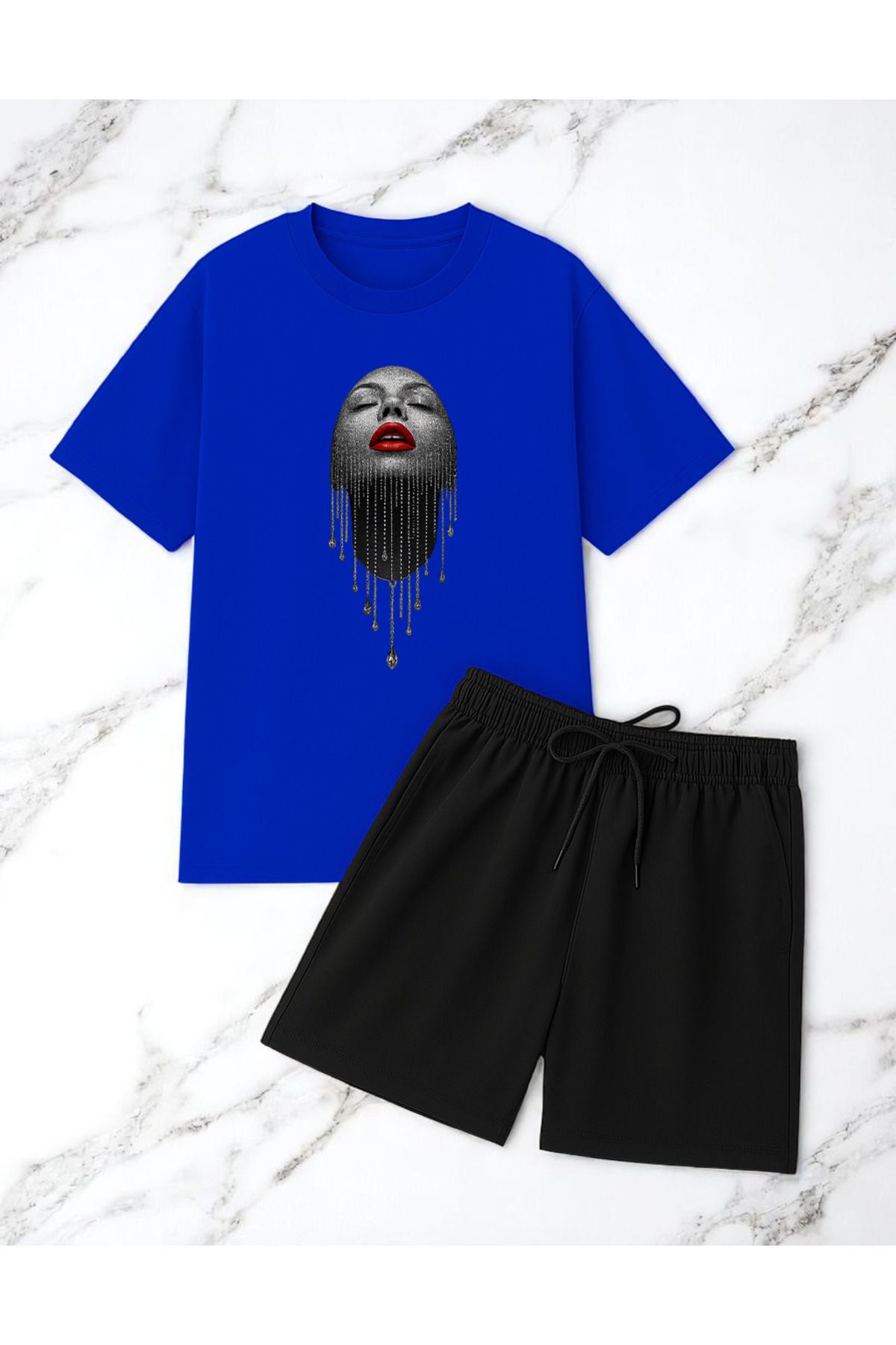 uyguntarz Unisex Pırlantalı Kadın Portresi Tasarım Basklı Tshirt Şort Takımı