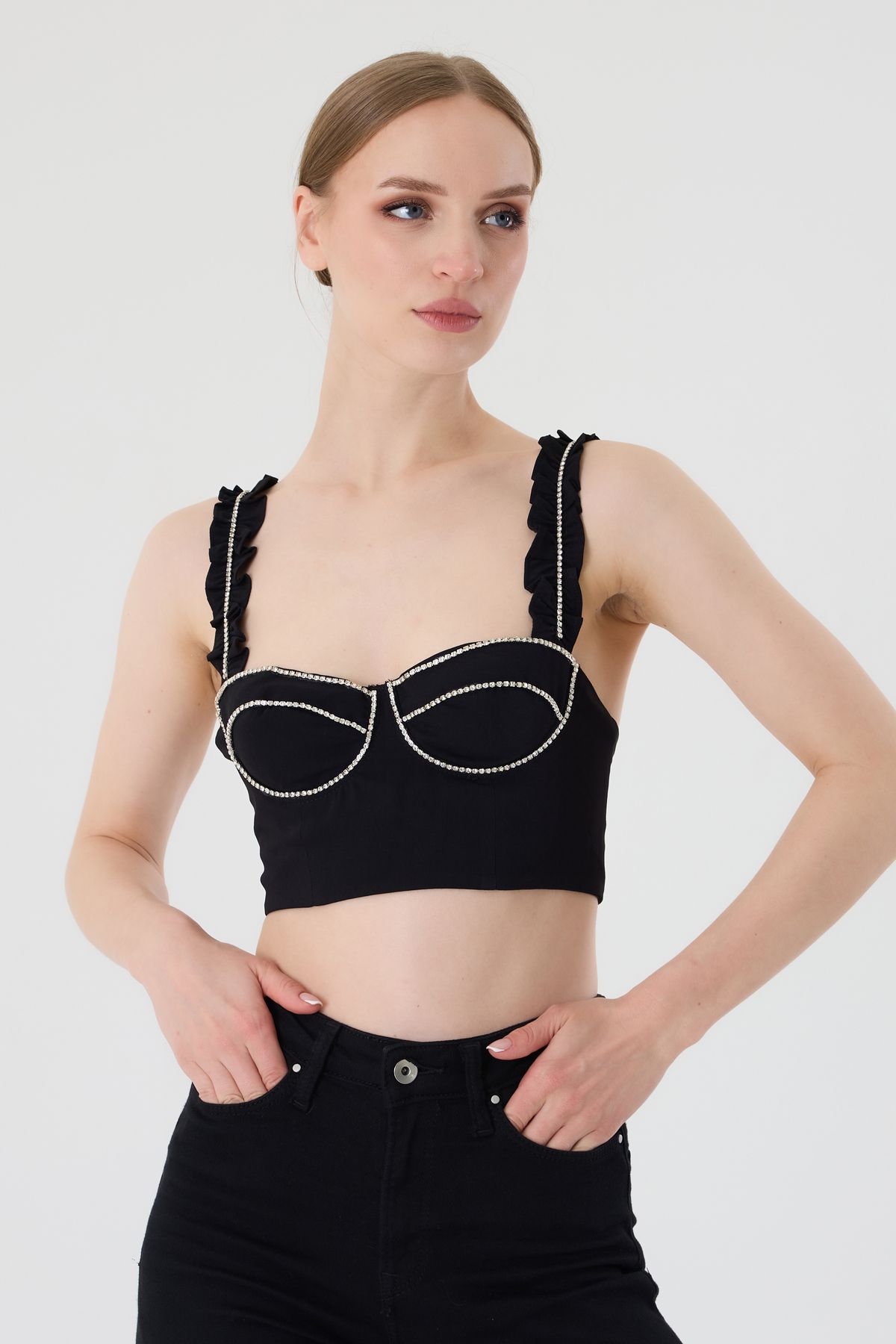 MODA Taşlı siyah crop