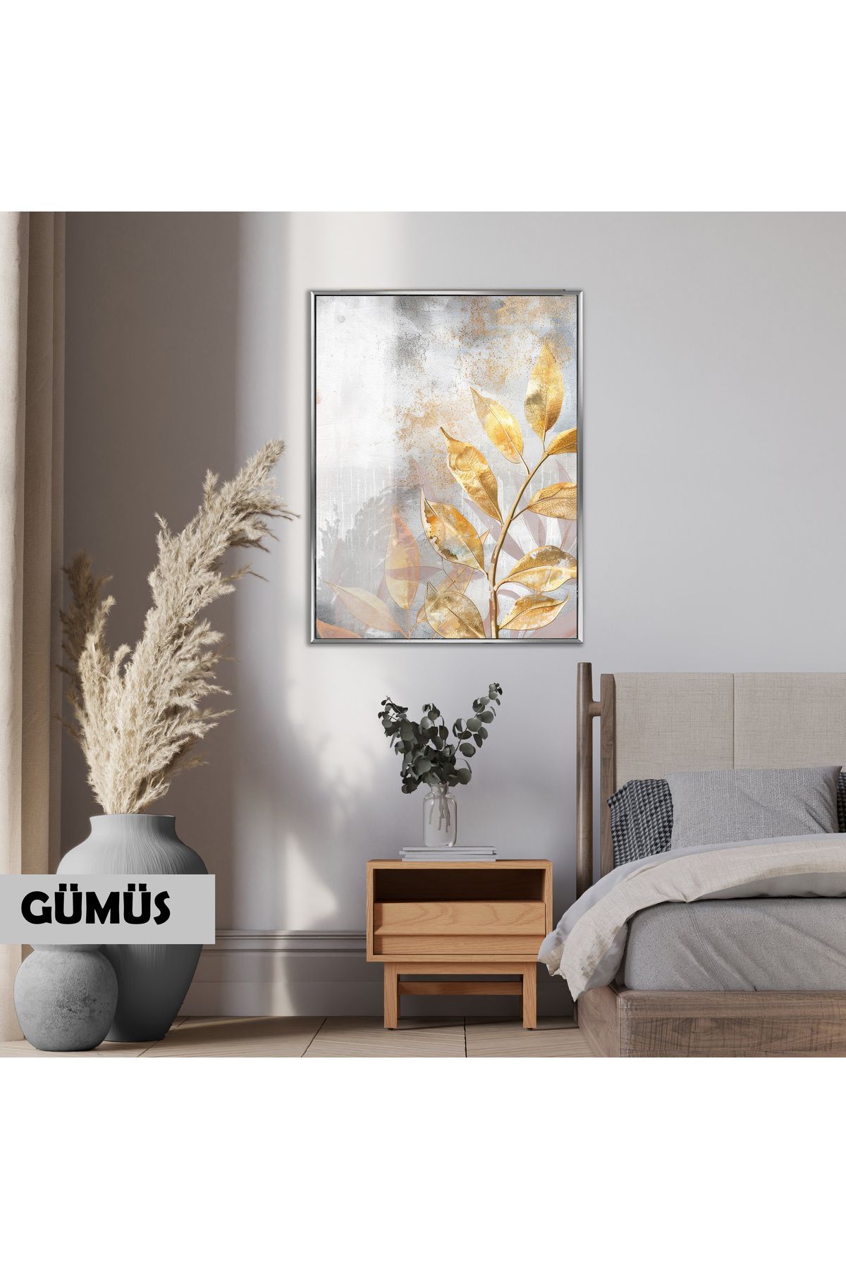 Harikabirev HARİKABİREV|02 GRİ-GOLD MODERN YAPRAK MODELİ |ÇERÇEVELİ TEMPERLİ CAM TABLO TEKLİ DİKEY
