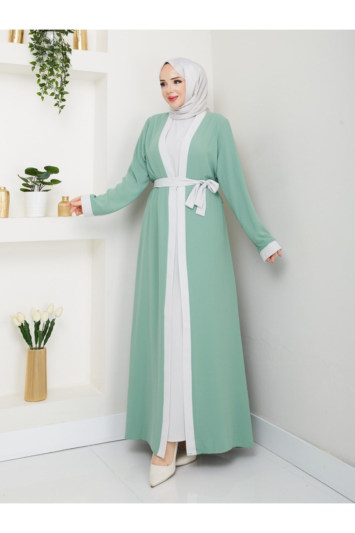 MUDUTEKSTİL İç Elbiseli Abaya Takım Yeşil