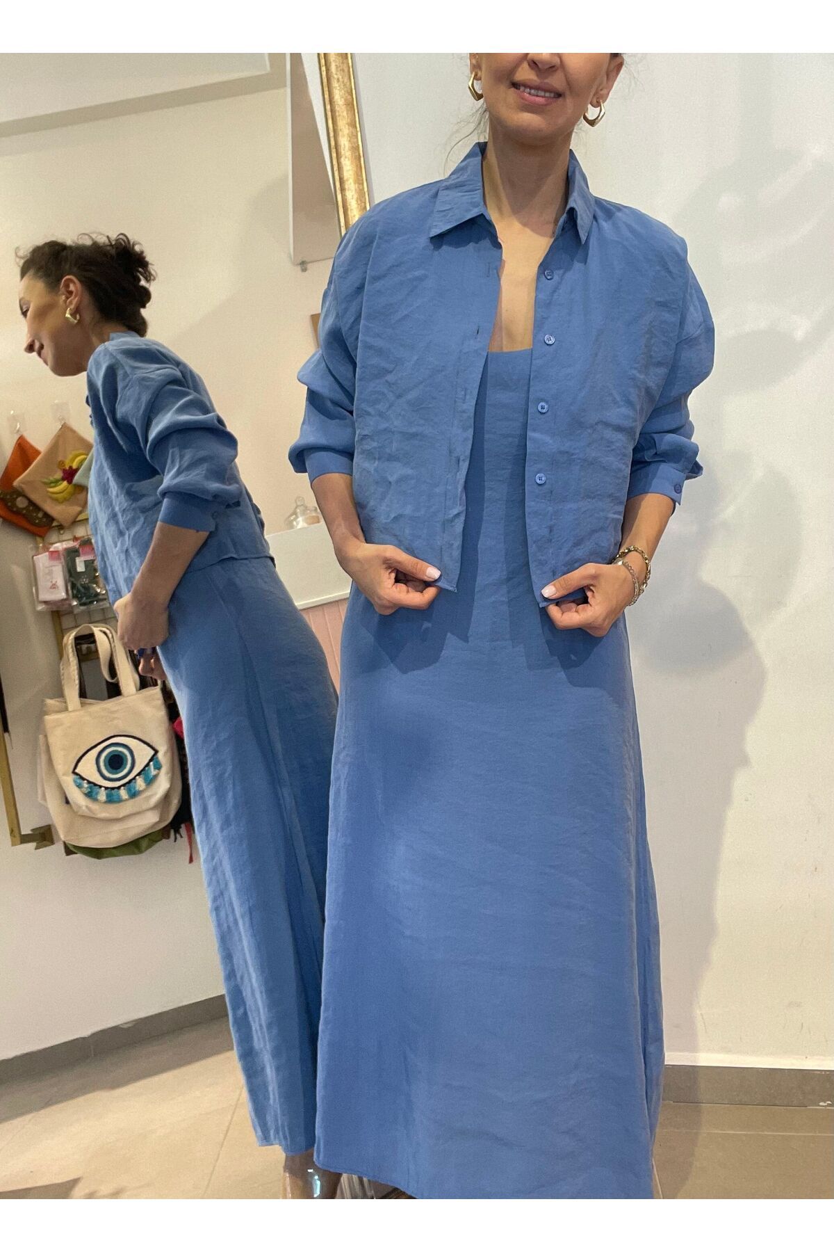 Butik Kadın, Crop Gömlekli, Ayarlanabilir Askılı, Ayrobin, Mavi, Uzun Elbise