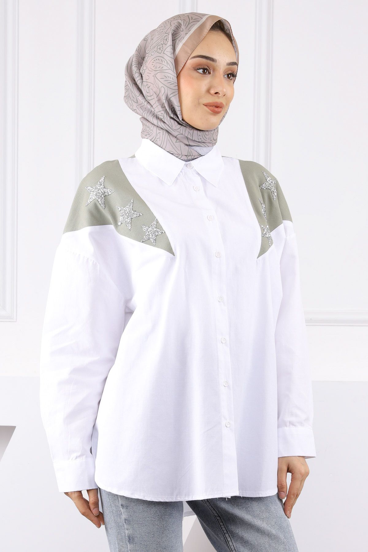İmajButik Çağla Garnili Taş Detaylı Gömlek