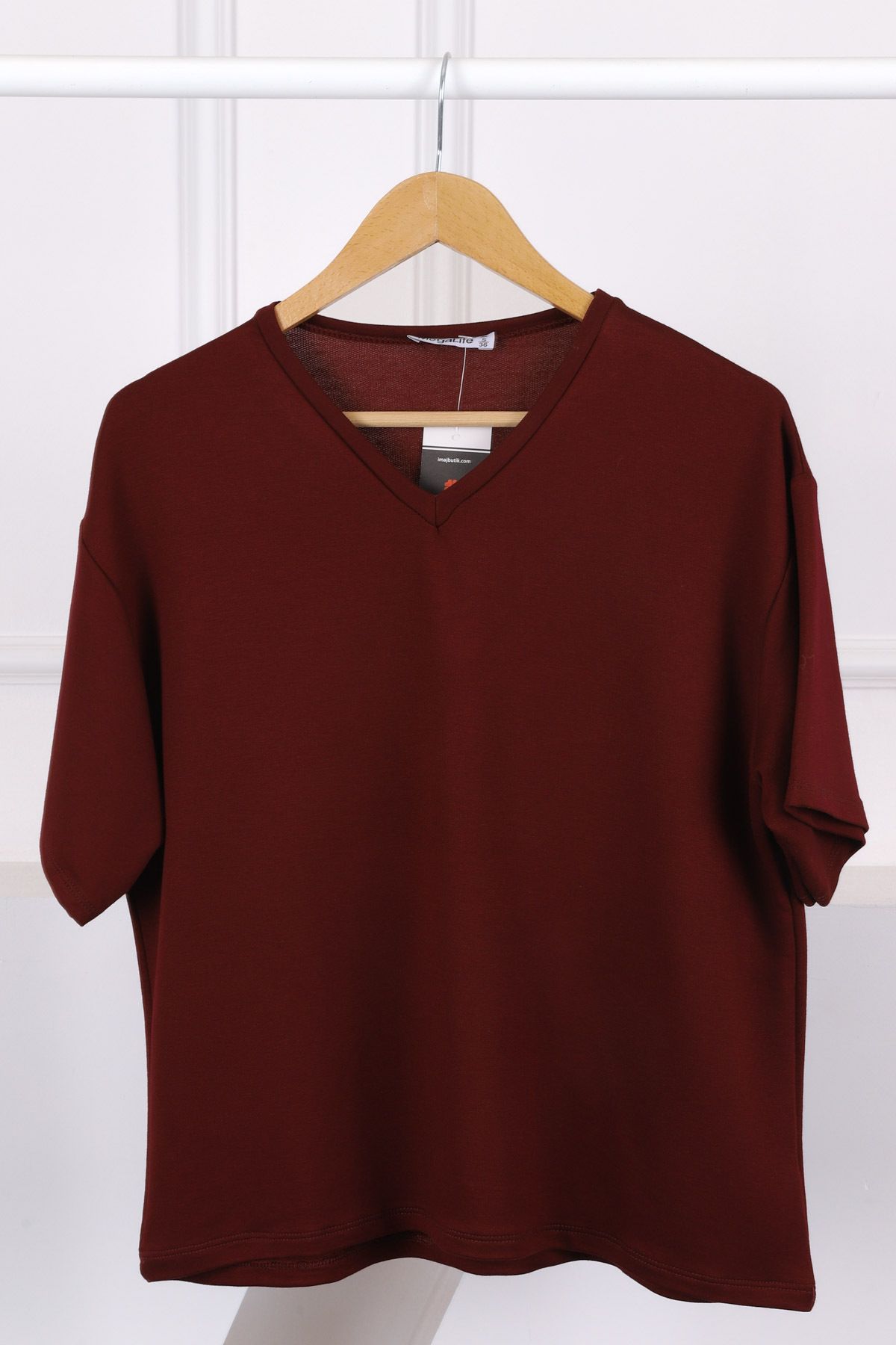 İmajButik Bordo V Yaka Kısa Kol T-Shirt