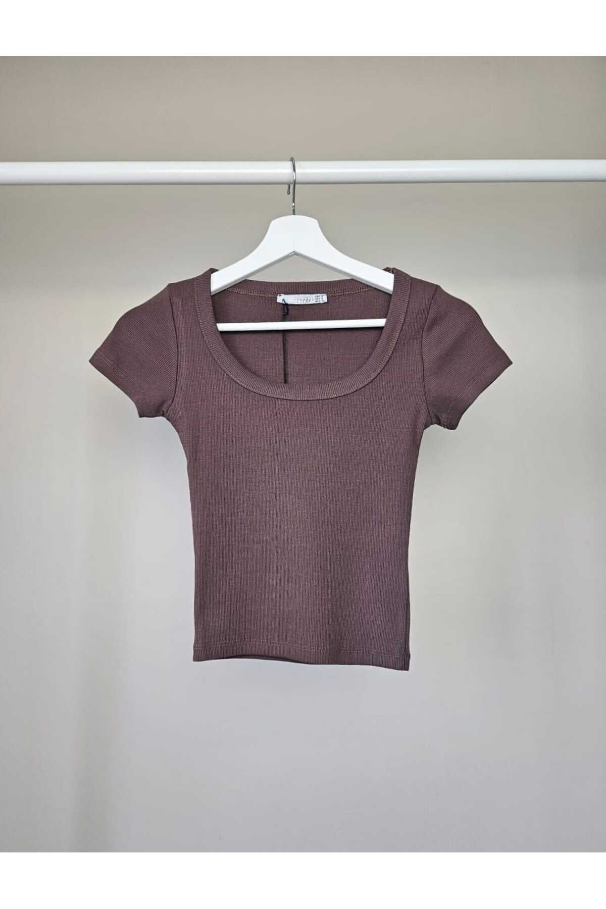 Telablanka KAŞKORSE U YAKA CROP TOP TİŞÖRT_KAHVERENGİ