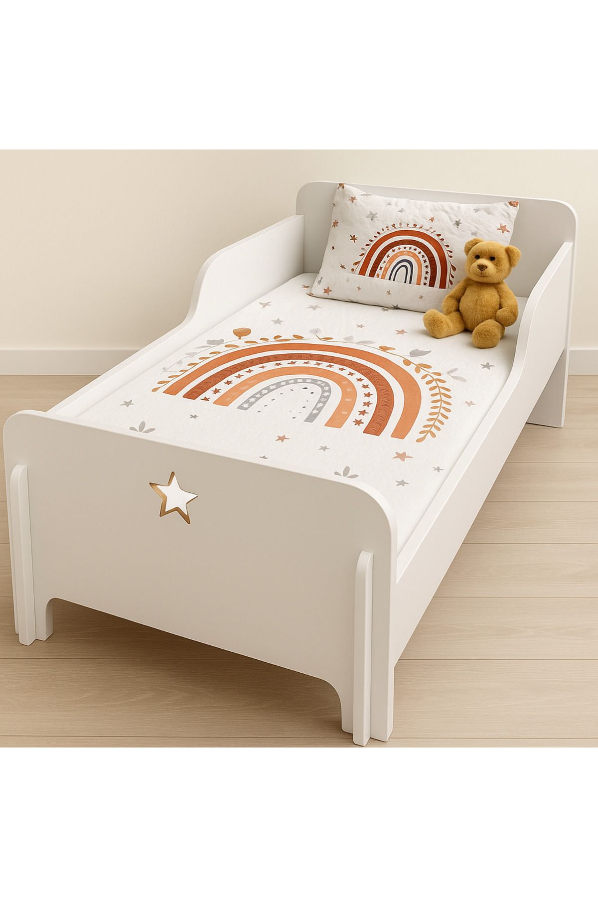 Home Yıldız Detaylı Montessori Tarzı Ahşap Çocuk Yatağı – 90x190 cm | CNC Üretim | Beyaz MDF