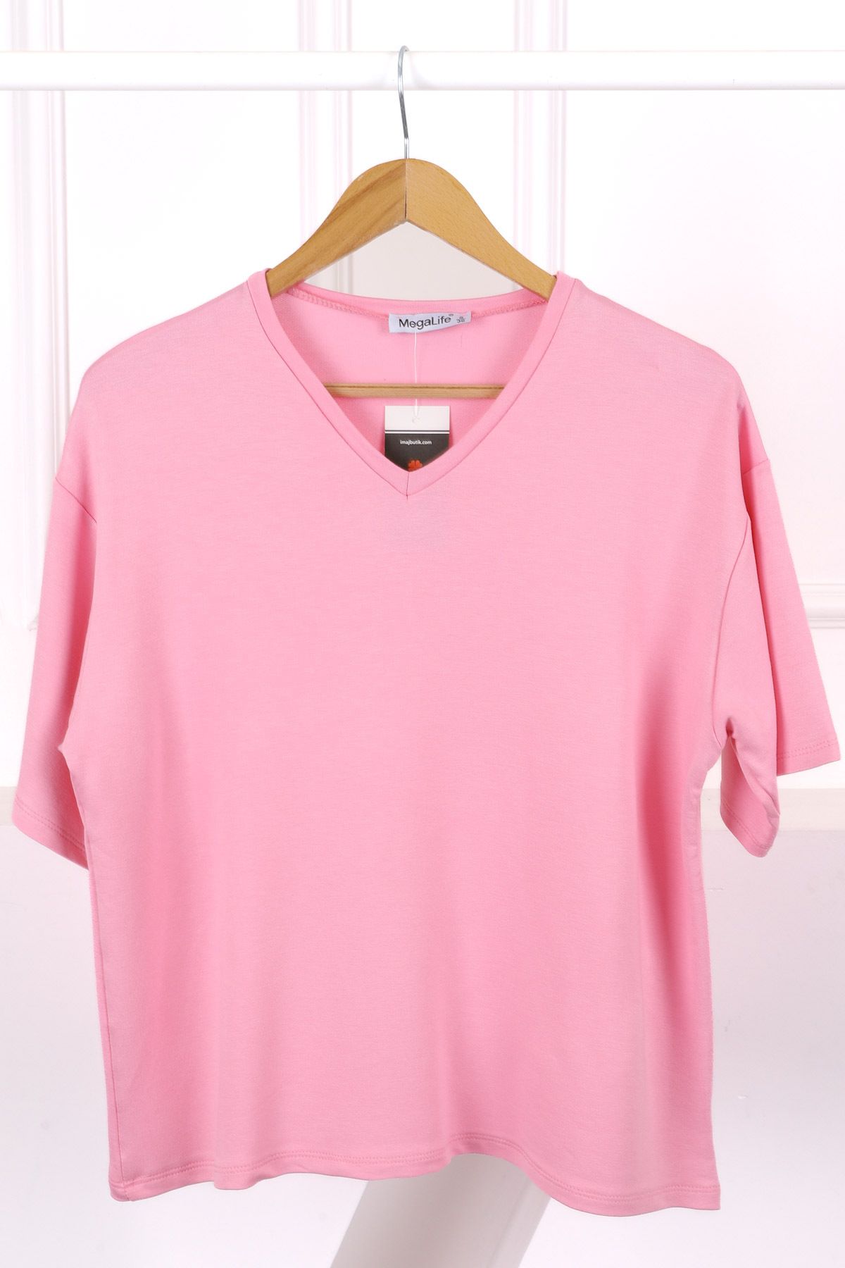 İmajButik Pembe V Yaka Kısa Kol T-Shirt