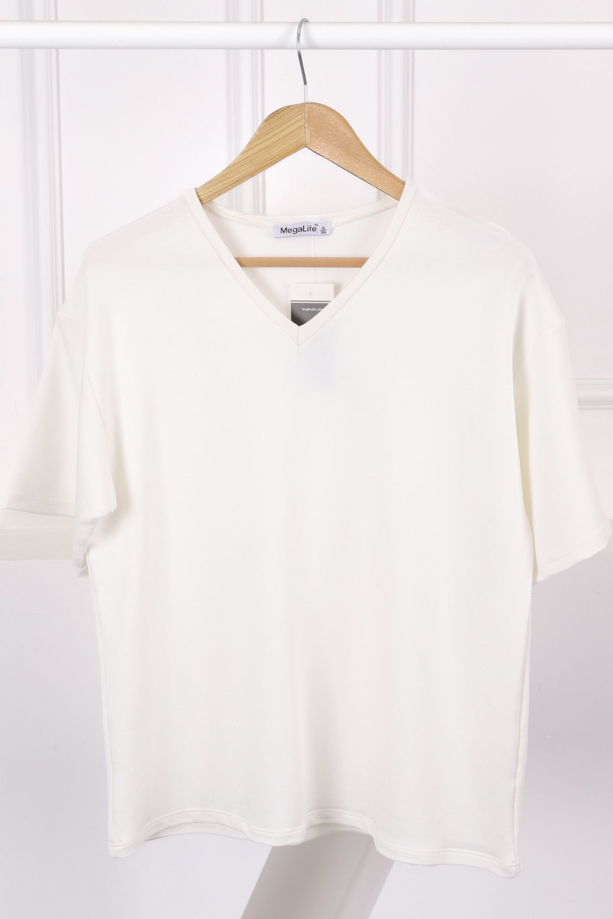 İmajButik Ekru V Yaka Kısa Kol T-Shirt