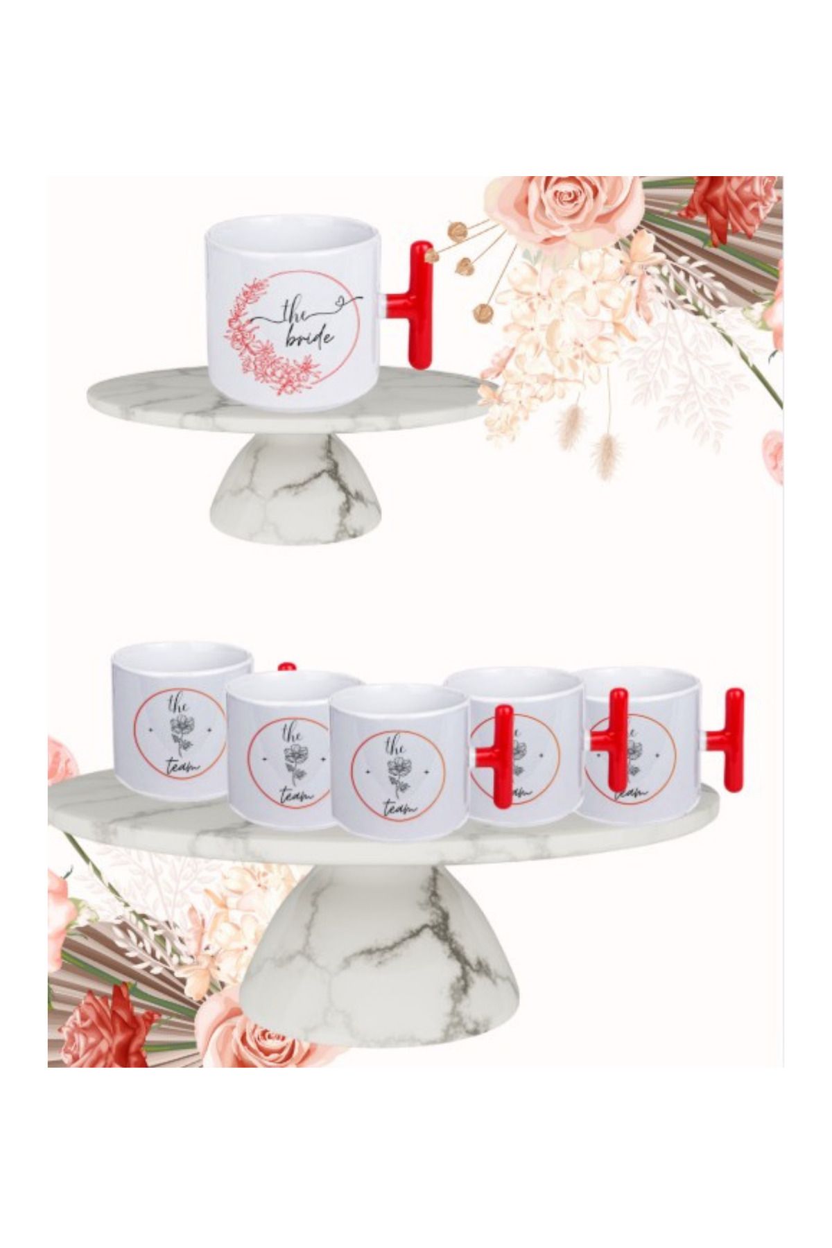 NACARLAR Bride To Be Partilerine Özel Baskılı Altılı Kırmızı T Kulplu Kupa Bardak