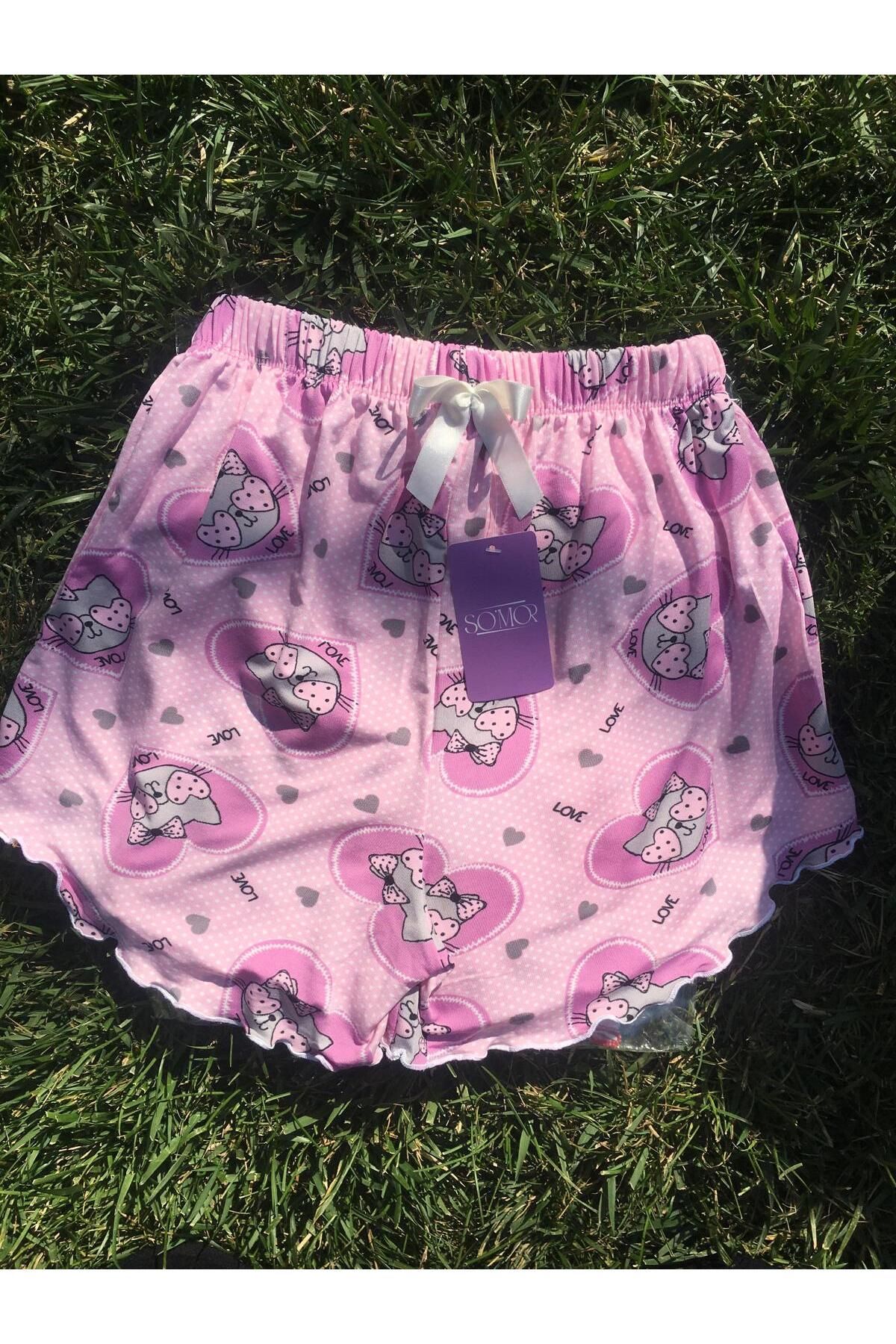 Fashion'S KADIN PEMBE KEDİLİ ŞORT PİJAMA ALTI