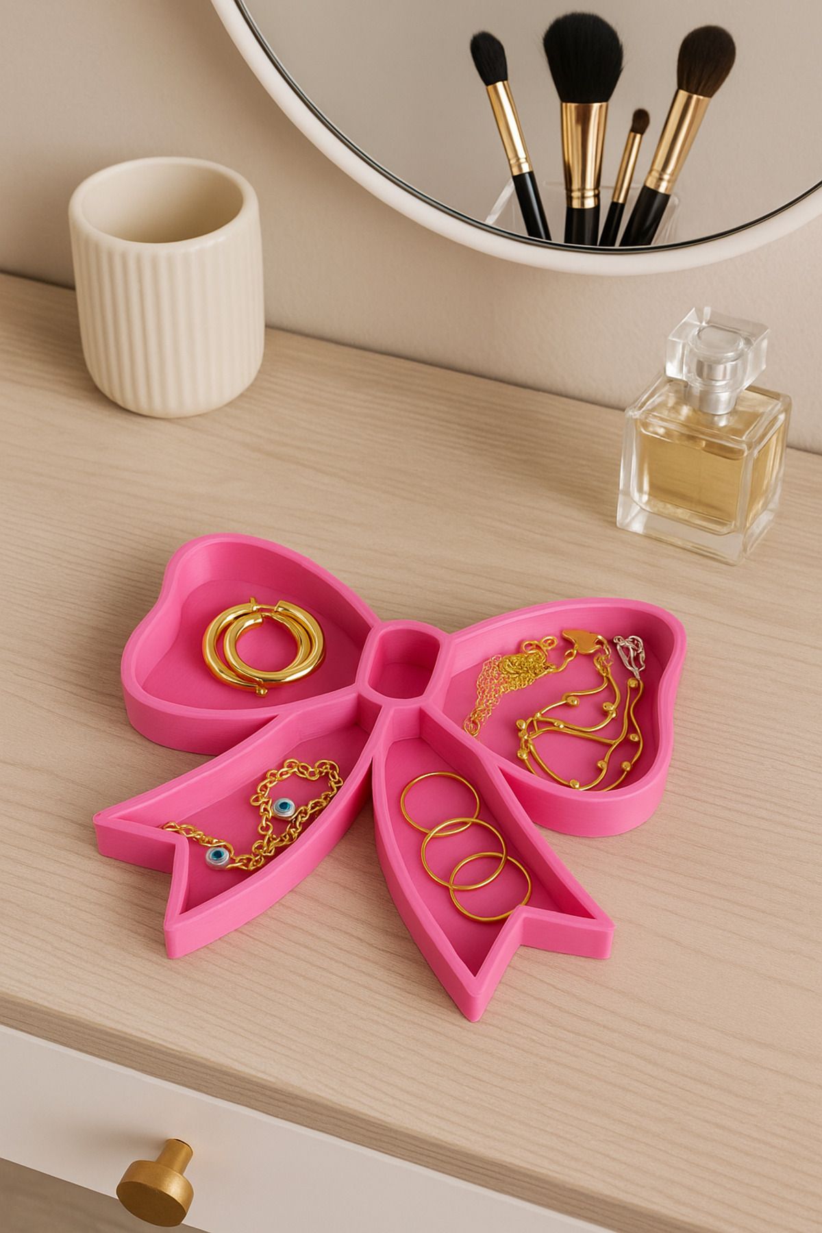 Root Made Dekoratif Takı Stand Pembe Kurdela Şeklinde Modern Takı Organizer Makyaj Odası Dresuar Düzenleyici