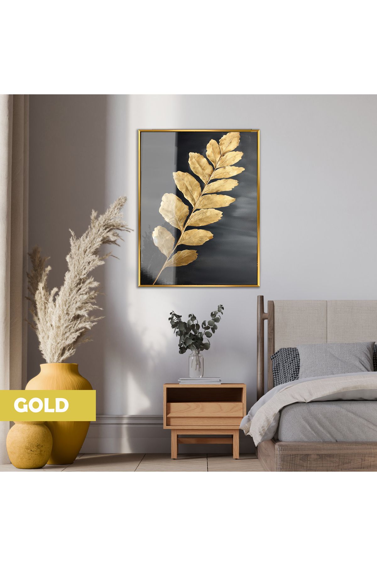 Harikabirev HARİKABİREV|PARLAK GOLD YAPRAK MODELİ 01 |ÇERÇEVELİ TEMPERLİ CAM TABLO TEKLİ DİKEY