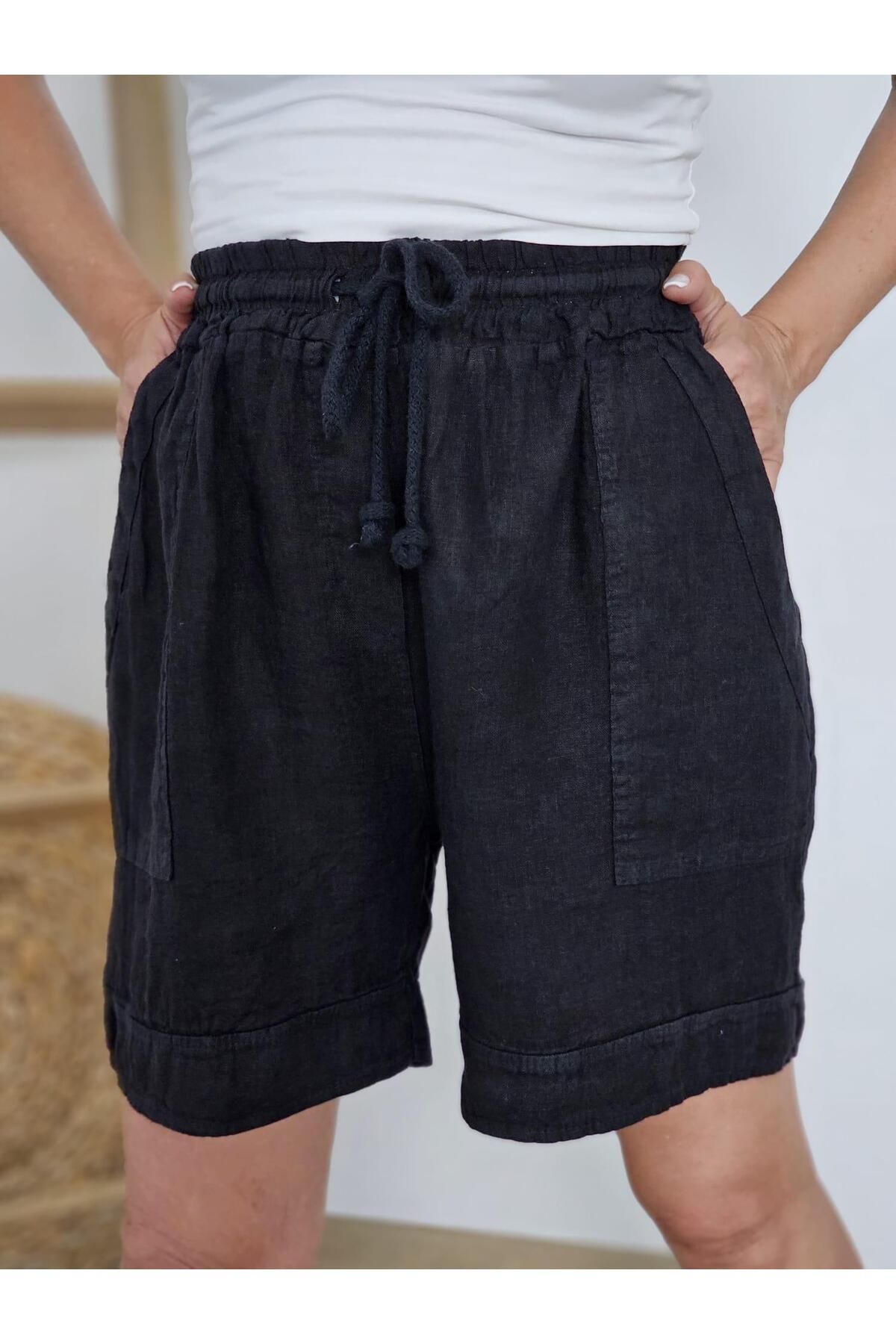 Felix Butik FELİX13756 Bel Lastikli İthal Keten Siyah Şort