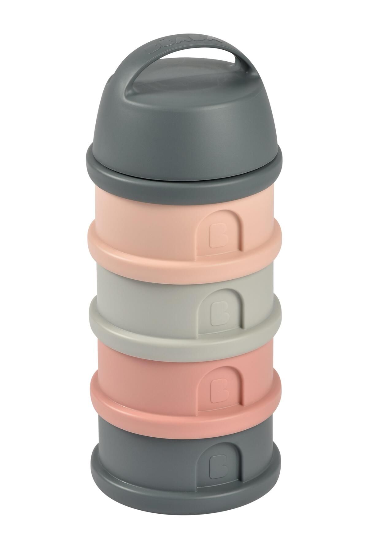 Beaba 4 Katmanlı süt tozu kutusu ve atıştırmalık kabı (Mineral Grey/ Pink)