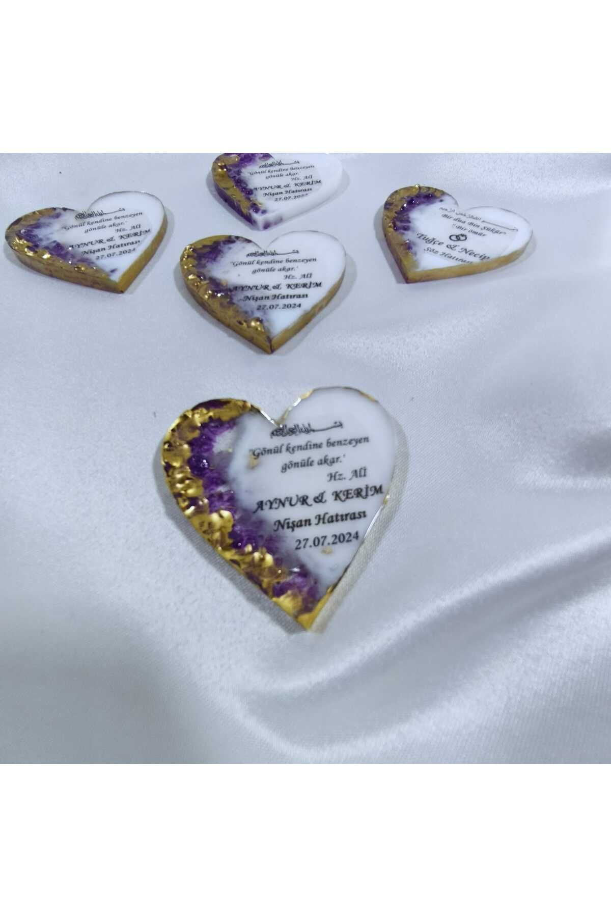demet art studio Hediyelik Epoksi 25 Adet Kalp Figürlü Mor Taşlı Hatıra Söz Nişan Nikah Düğün ve Özel Gün Magneti