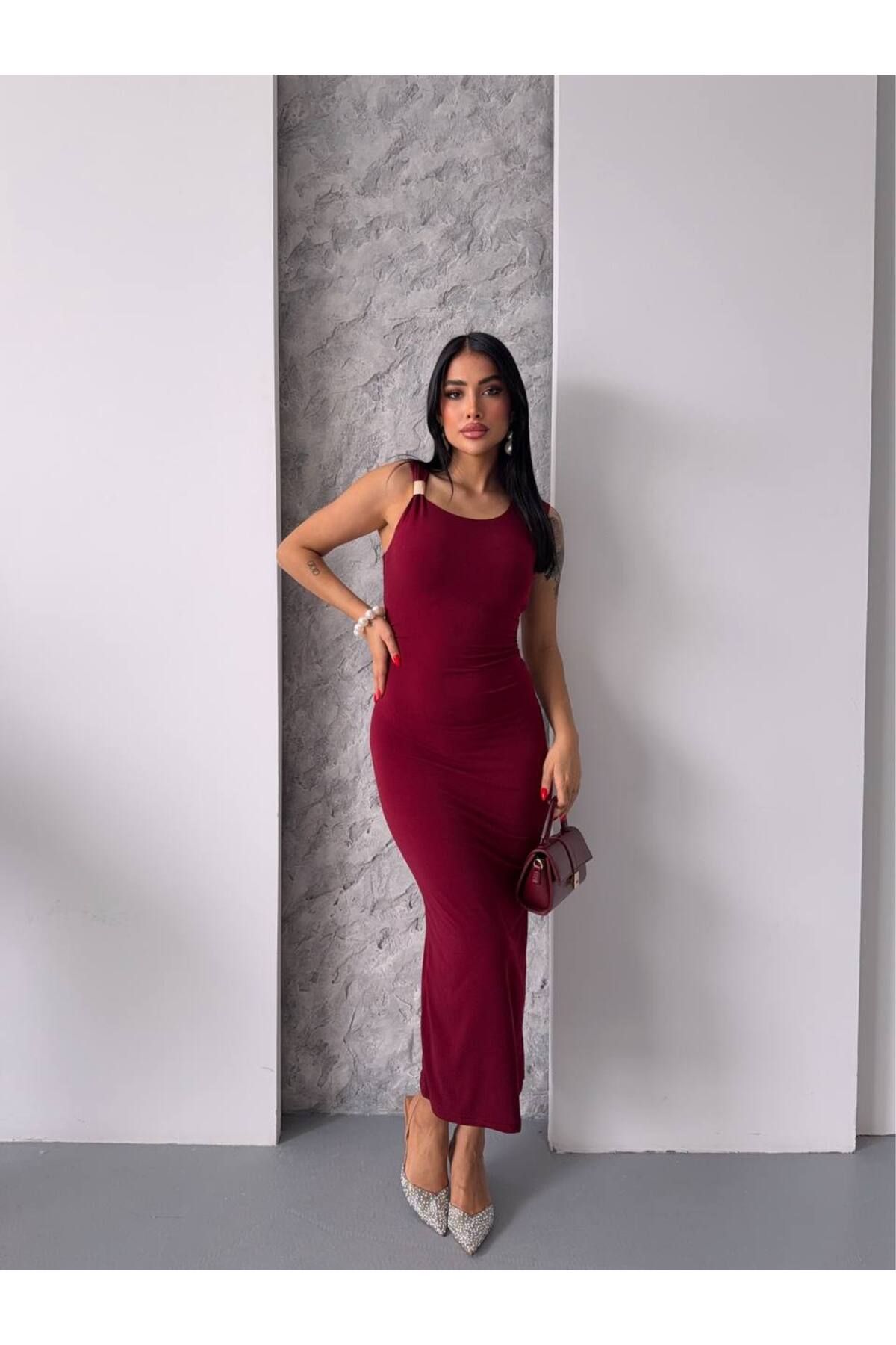 NovaRopa Kadın Kahverengi Tek Omuz Gold Aksesuarlı Elbise-FF1427
