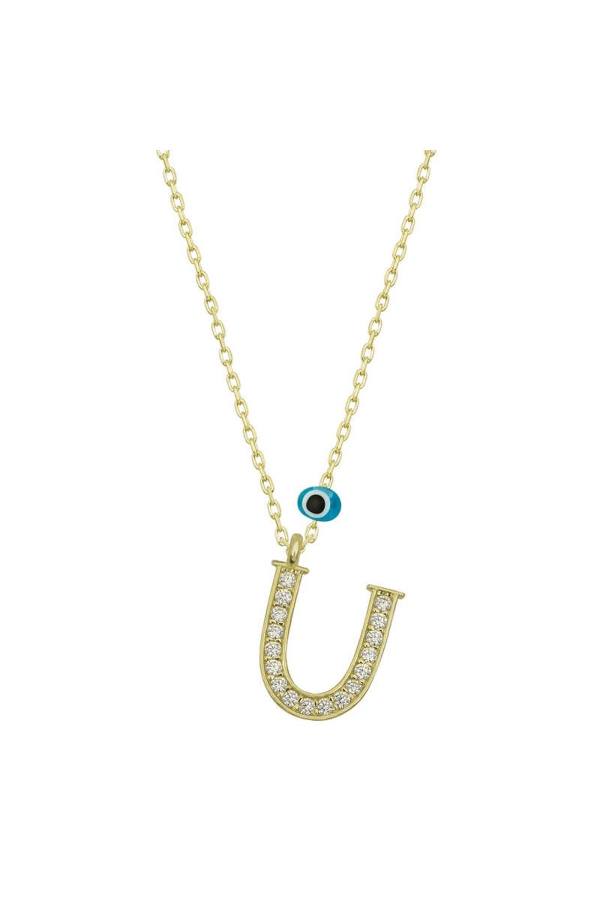 MT29 GİYİM 925 Ayar Gümüş Nazar Gold U Harfi Kadın Gümüş Kolye (T6798) (336336)