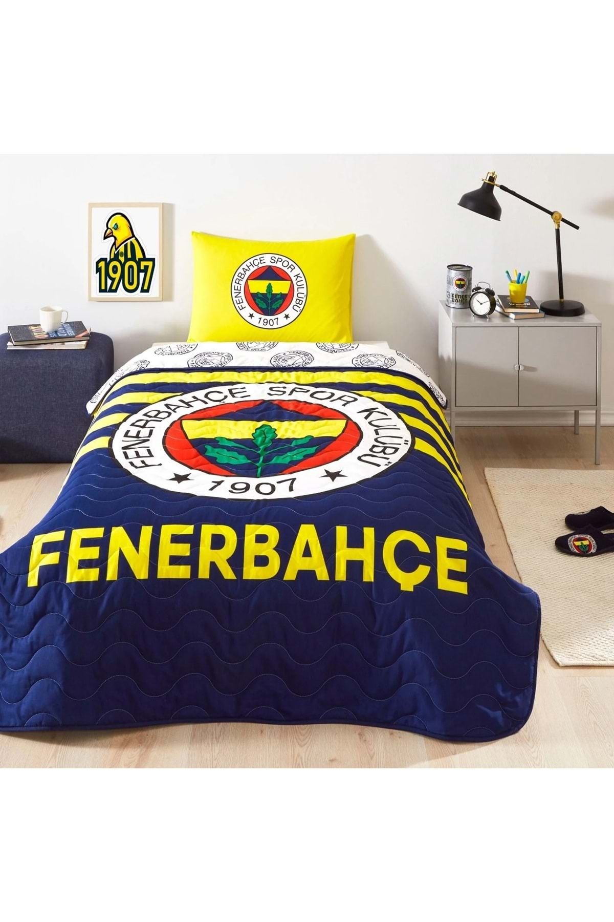Taç Taç Taraftar Lisanslı Pamuklu Tek Kişilik Yatak Örtüsü Seti (160x230)-Fenerbahçe Stripe