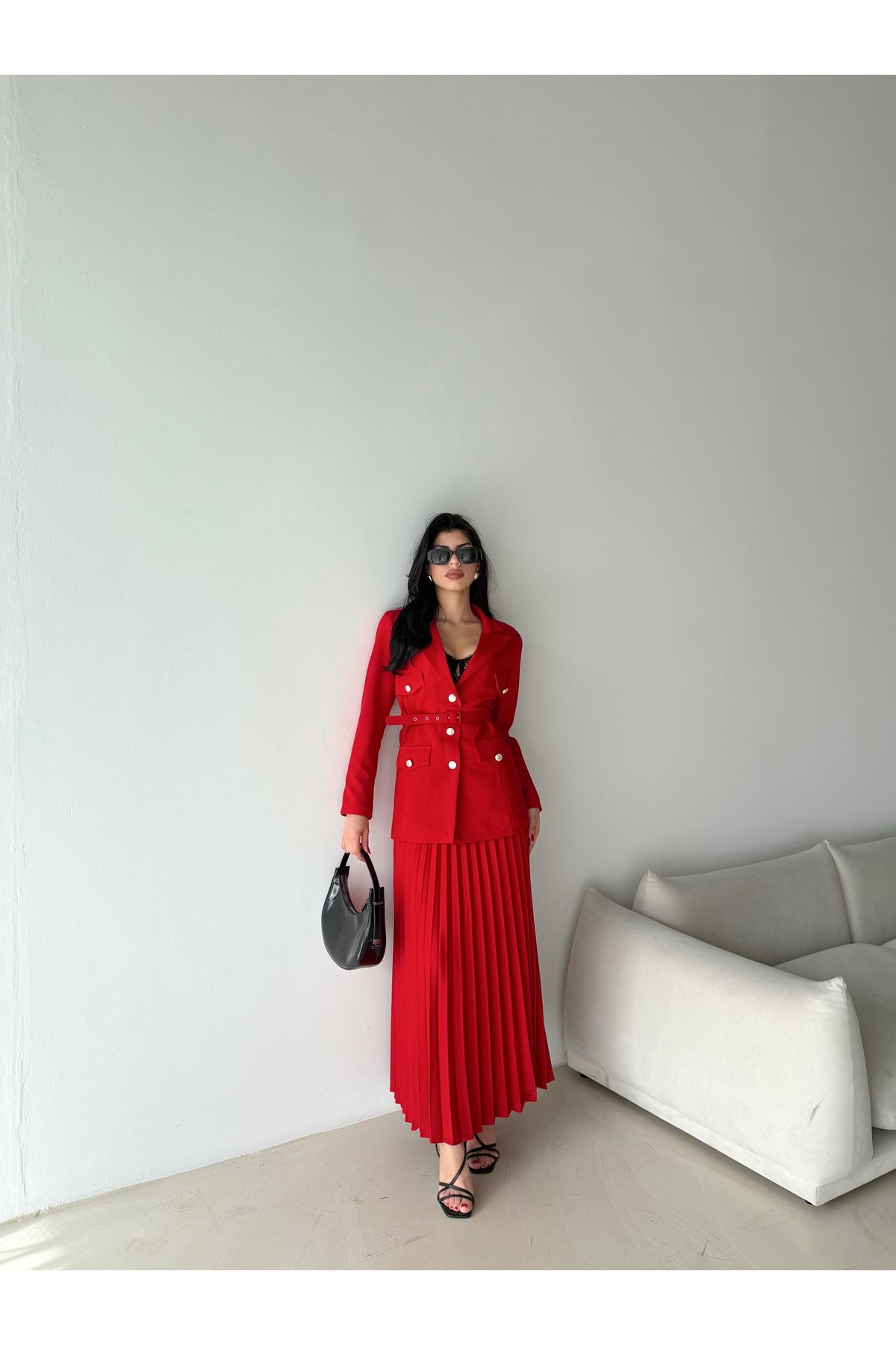 Female Clothing Kemerli Blazer Ceket Piliseli Etek Takım