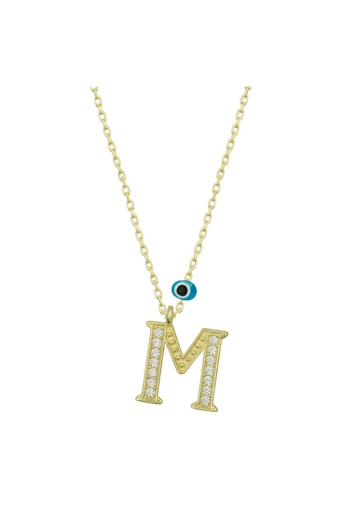 gizmurstore 925 Ayar Gümüş Nazar Gold M Harfi Kadın Gümüş Kolye (T6789) (336336)