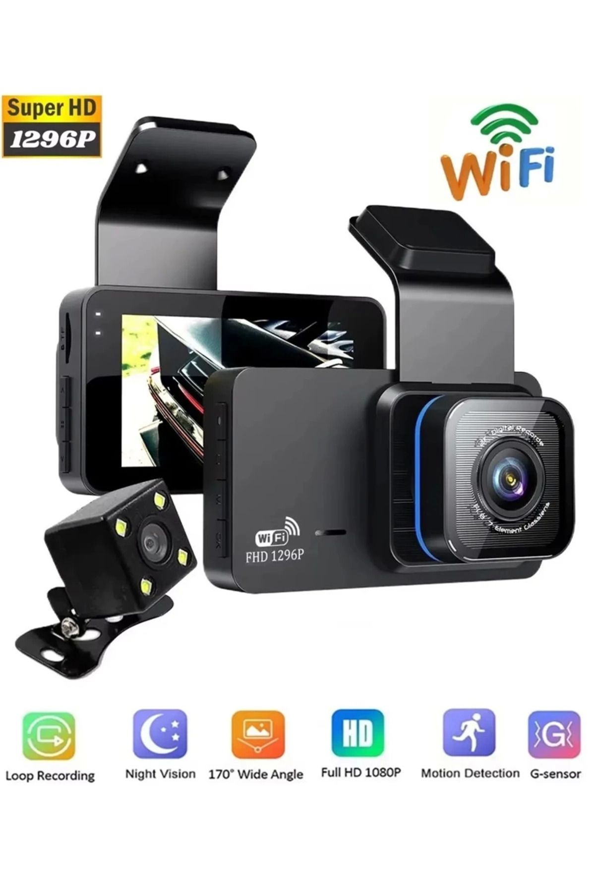 Goldhouse Araç İçi Kamera Wifi Özellikli Ekranlı Ön Ve Geri Görüş Kameralı Mikrofonlu 3 İnç Hd