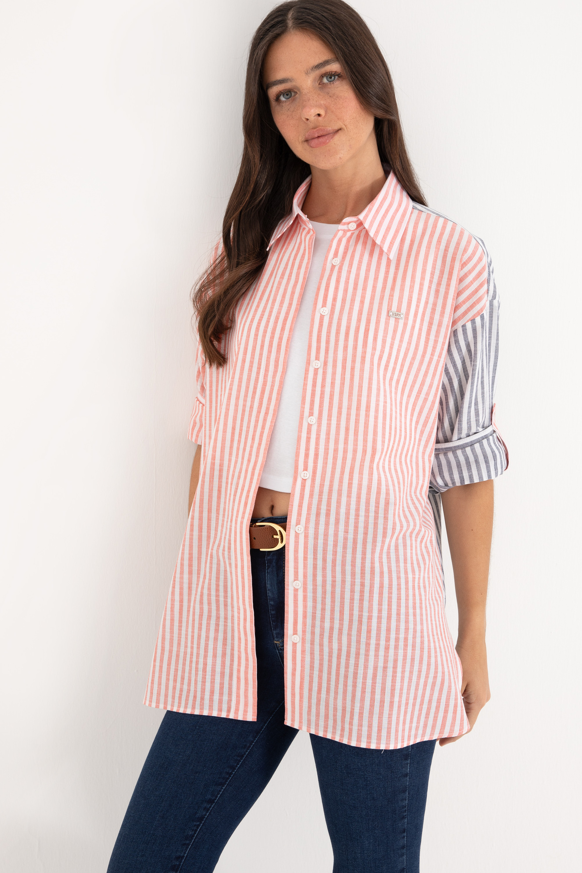 U.S. Polo Assn.  Kadın Vişne Çizgili Uzun Kollu Tunik Gömlek 50307656-VR223 - Görsel 2