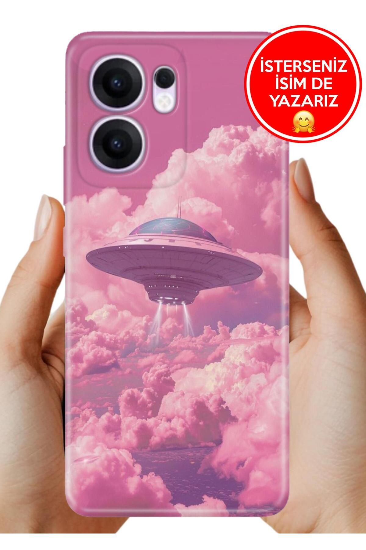 OPPO Reno 13F 5g Kılıf Oppo Reno 13F Desenli Şeffaf Kılıf Üzeri Silikon Pembe Ufo