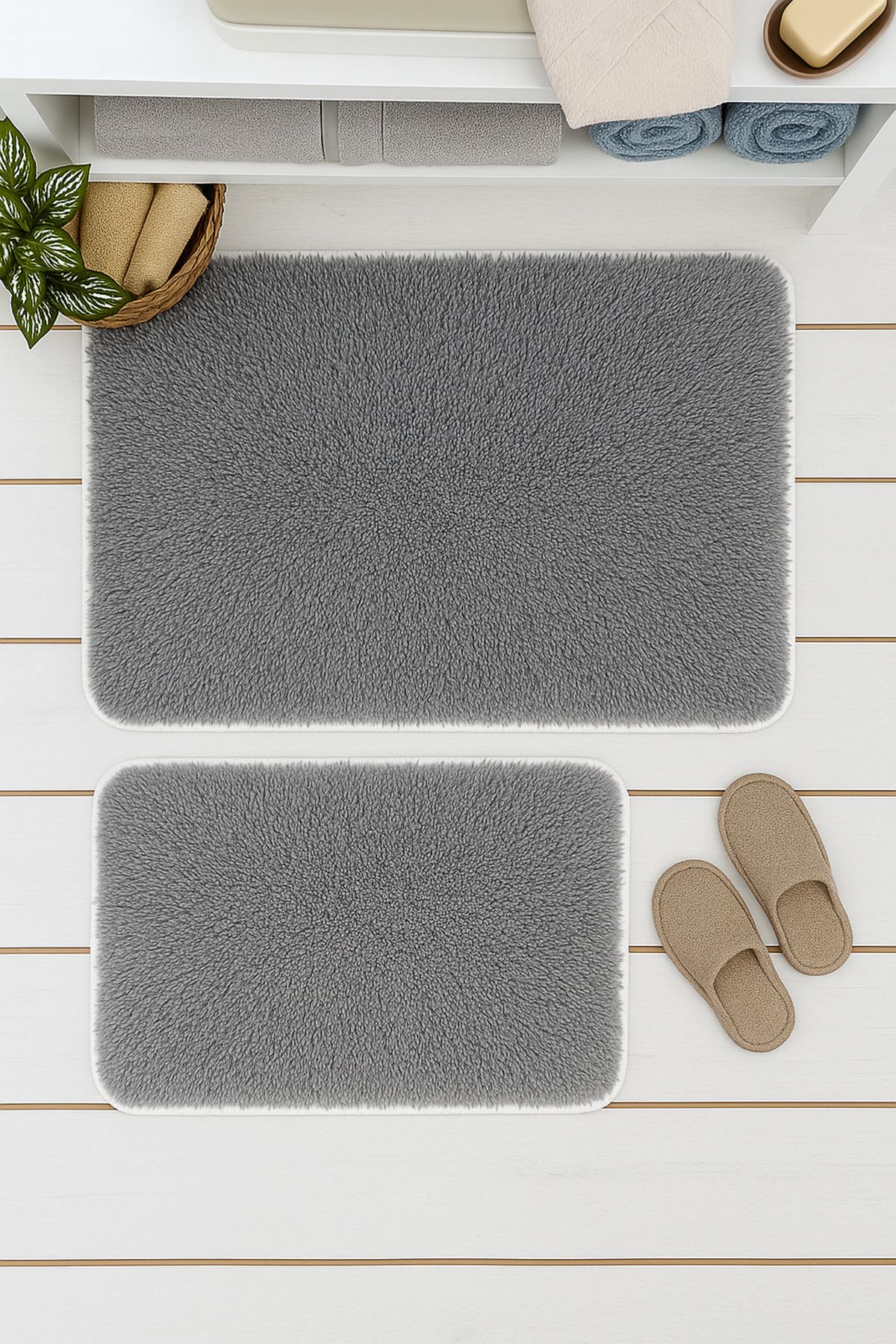 Carpetella Yumuşak Peluş Banyo Halısı 50x60 - 60x90cm Kaymaz Tabanlı Su Emici Banyo Paspas Seti