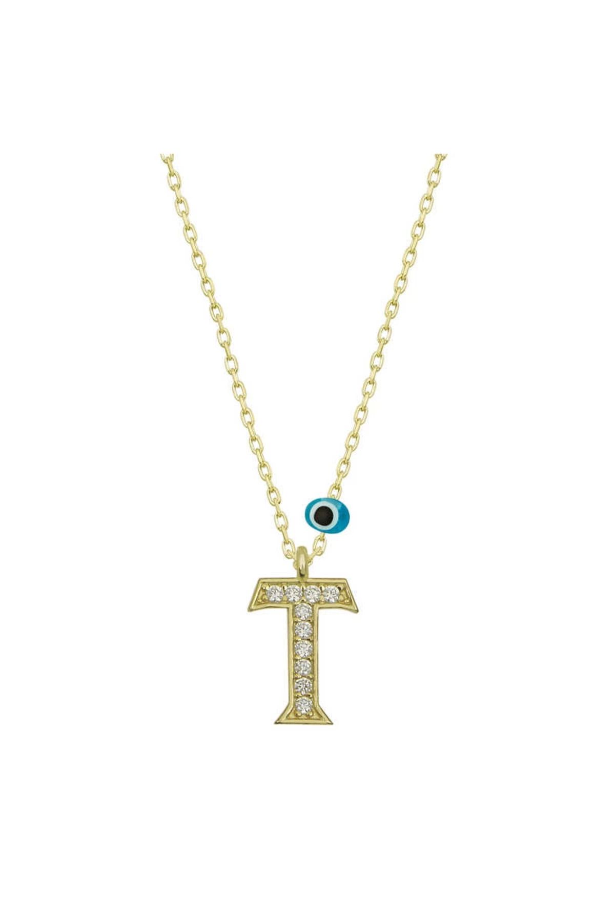 MT29 GİYİM 925 Ayar Gümüş Nazar Gold T Harfi Kadın Gümüş Kolye (T6797) (336336)
