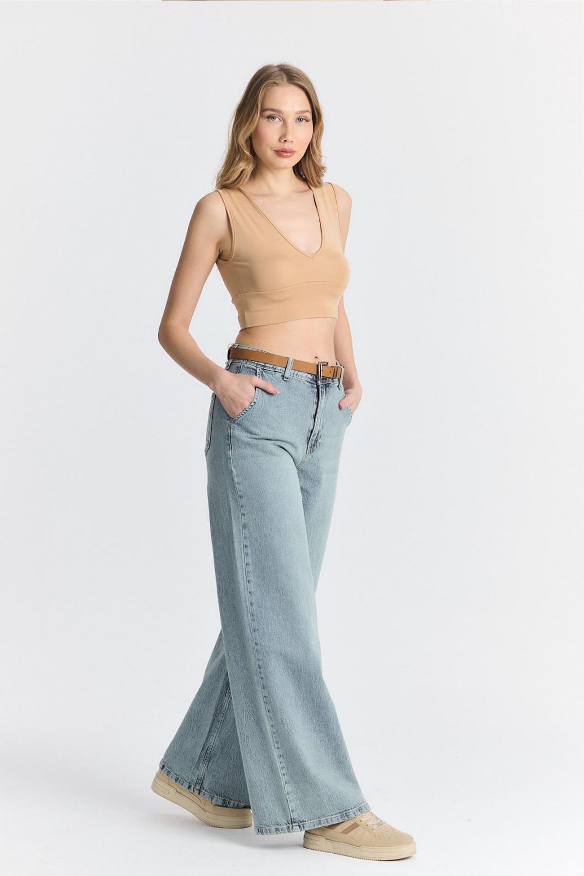 Jijass Jeans Likralı Wide leg Kemerli Kot Pantolon