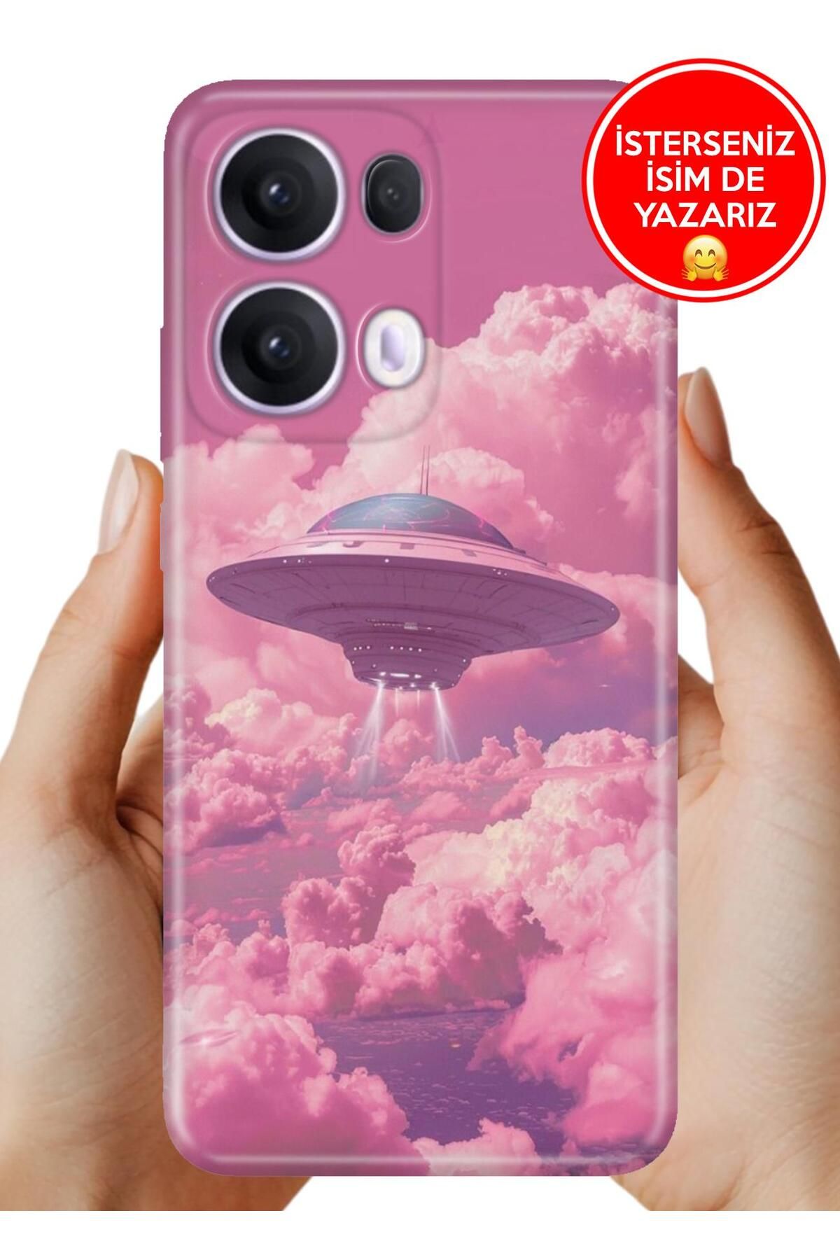 OPPO Reno 13 Pro Kılıf Oppo Reno 13 Pro Desenli Şeffaf Kılıf Üzeri Silikon Pembe Ufo