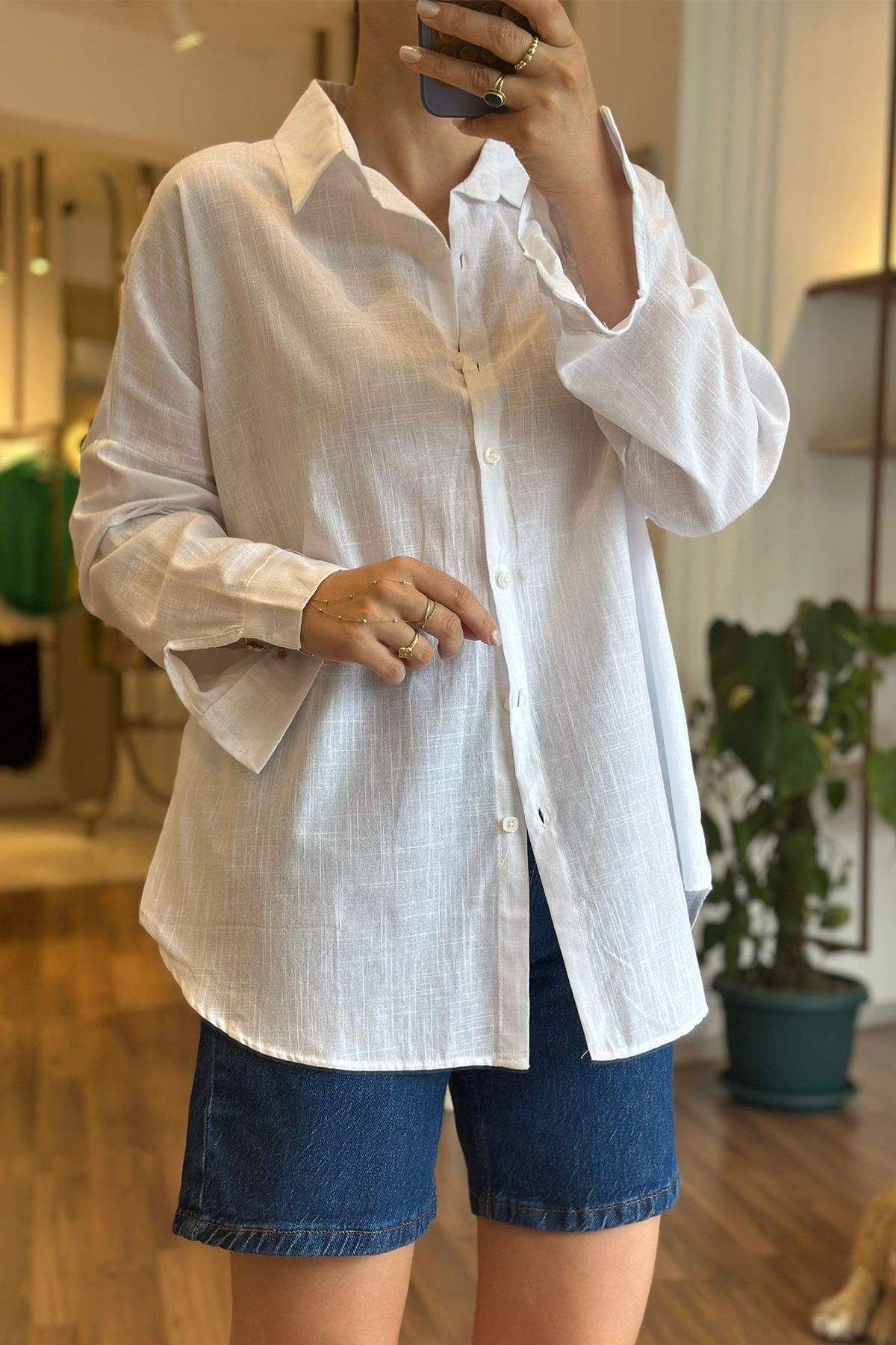 Unique Boutique Beyaz Standart Beden Keten Gömlek