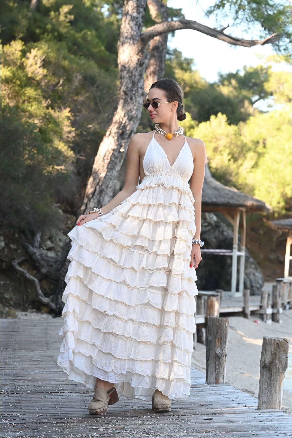 Şaman Butik Ekru Sırt Dekolteli Kat Kat Bohem Elbise