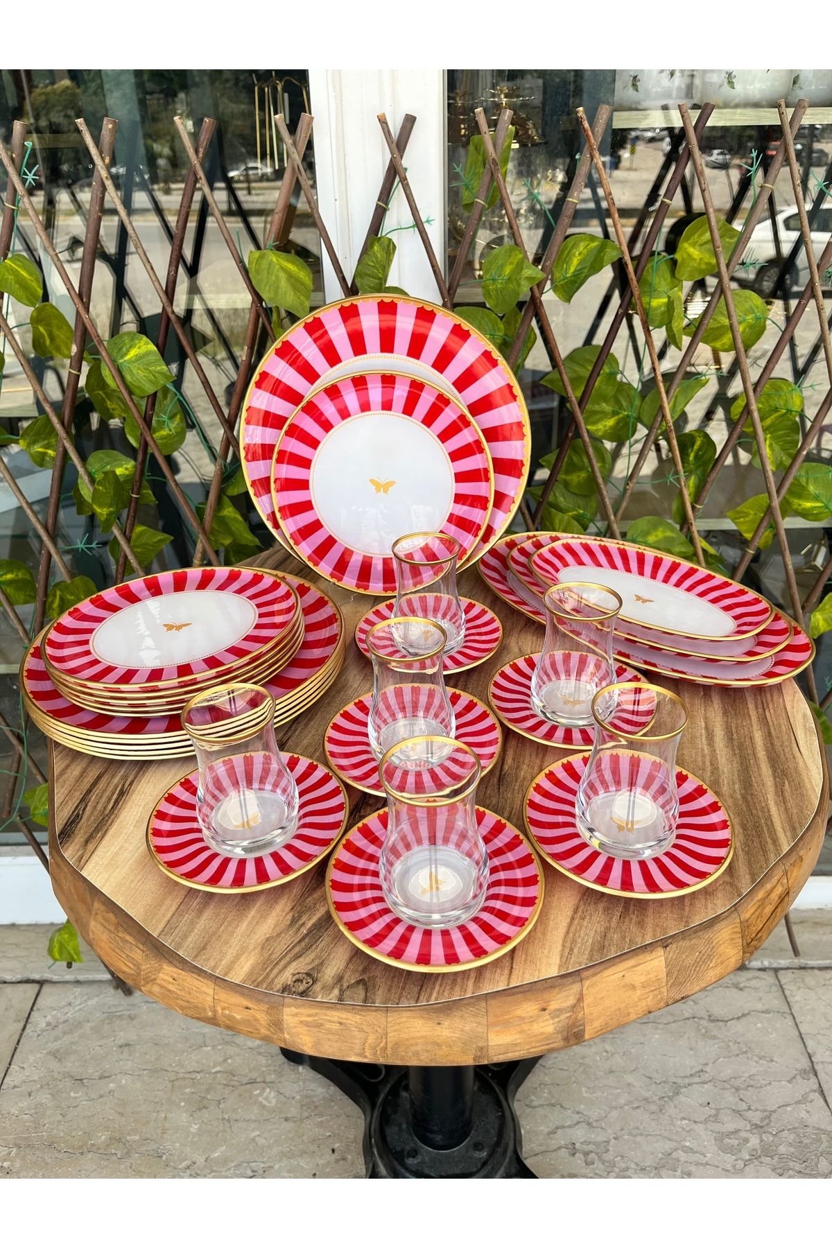 GÜRCÜGLASS Pembe kelebel 27 prç kahvaltı set