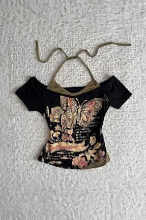 Karakedi Madonna Yaka Butterfly Ek Askılı Kısa Kollu İç Bodyli Siyah Bluz
