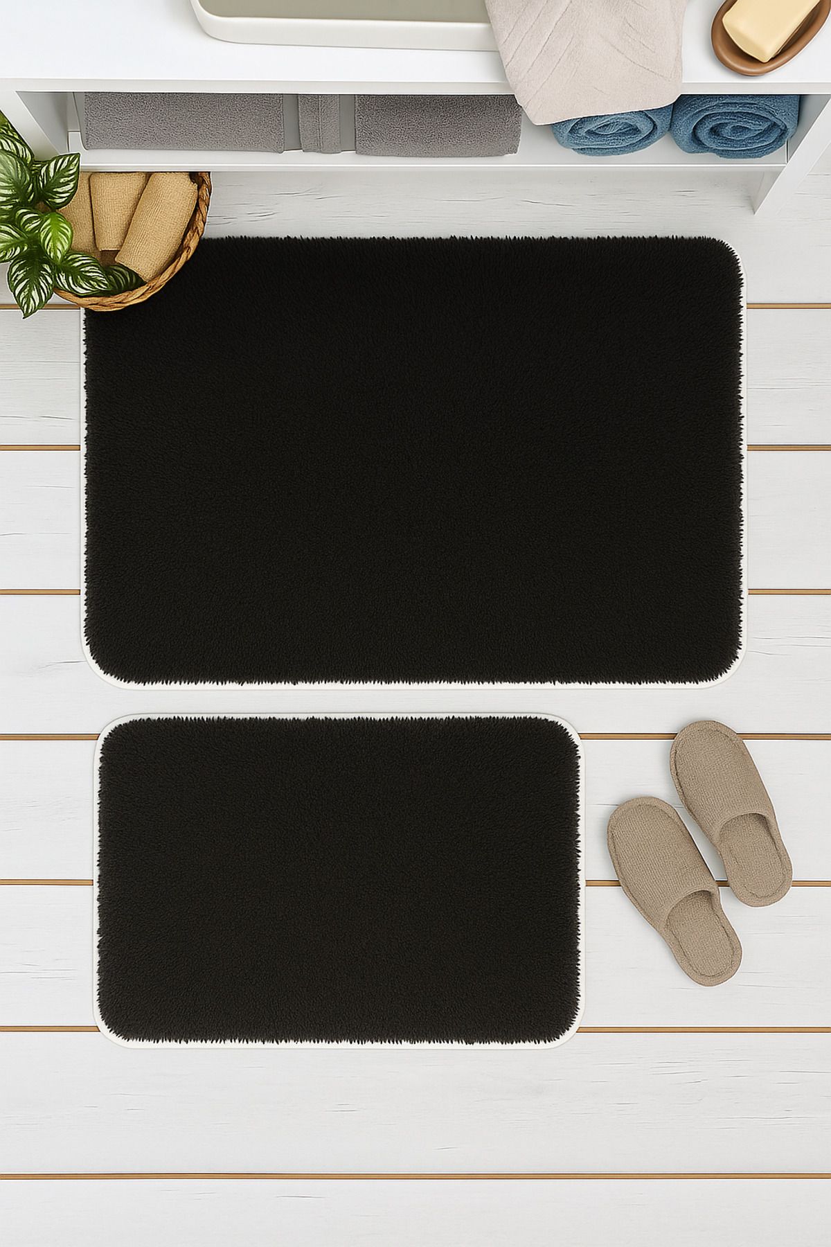 Carpetella Yumuşak Peluş Banyo Halısı 50x60 - 60x90cm Kaymaz Tabanlı Su Emici Banyo Paspas Seti