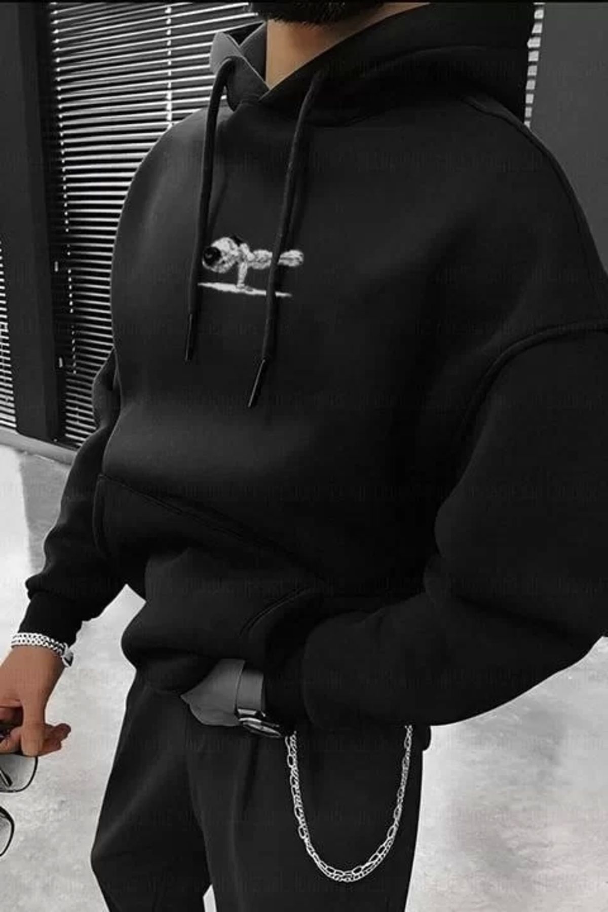 MODA CS Erkek Baskılı Kapüşonlu ve Kordon İpli Sweat - Siyah