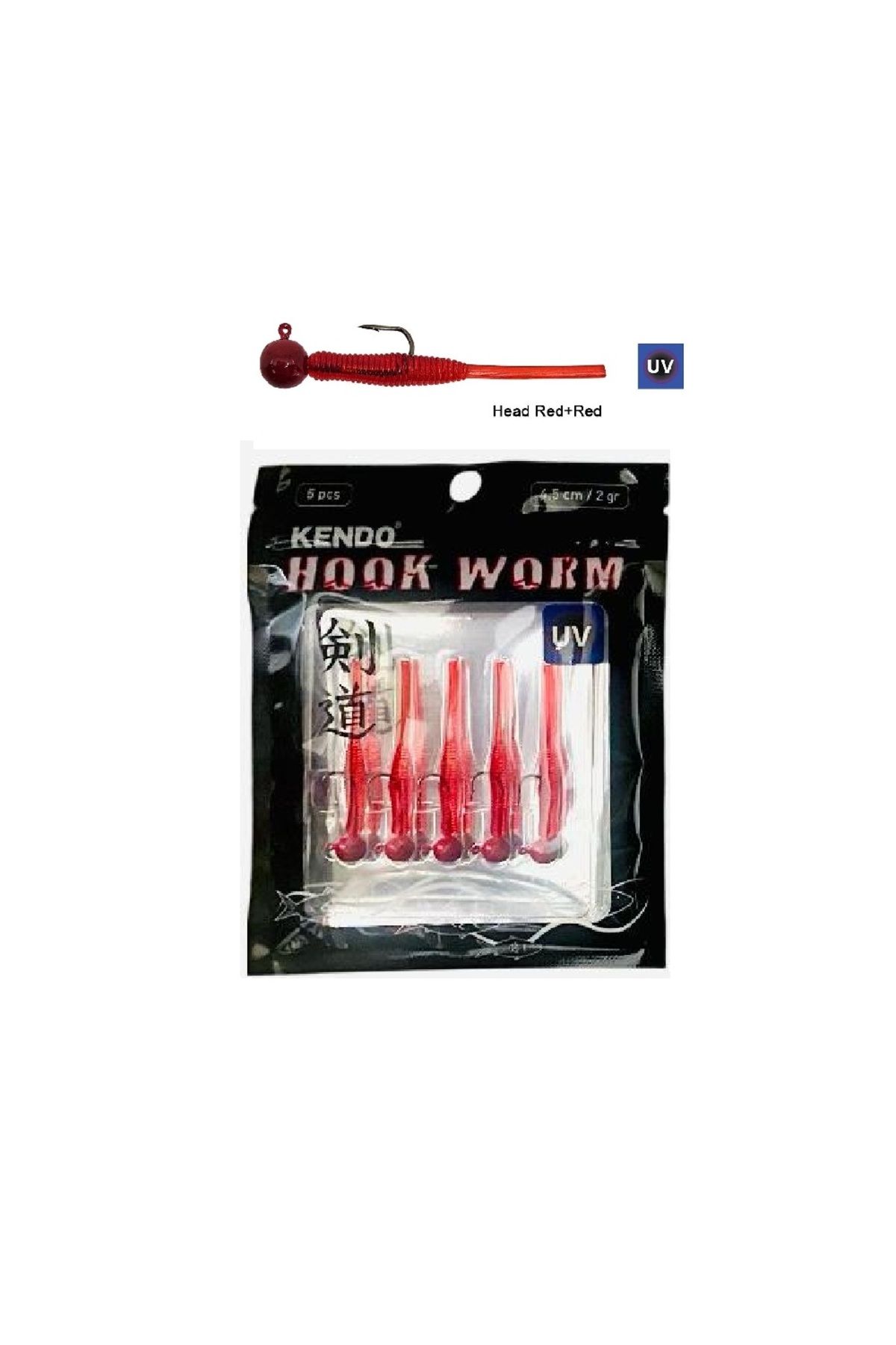 Kendo Hook Worm Jig head'Li Hazır Lrf Silikonu 2gr+4.5cm 5 Adet Head Red+Red