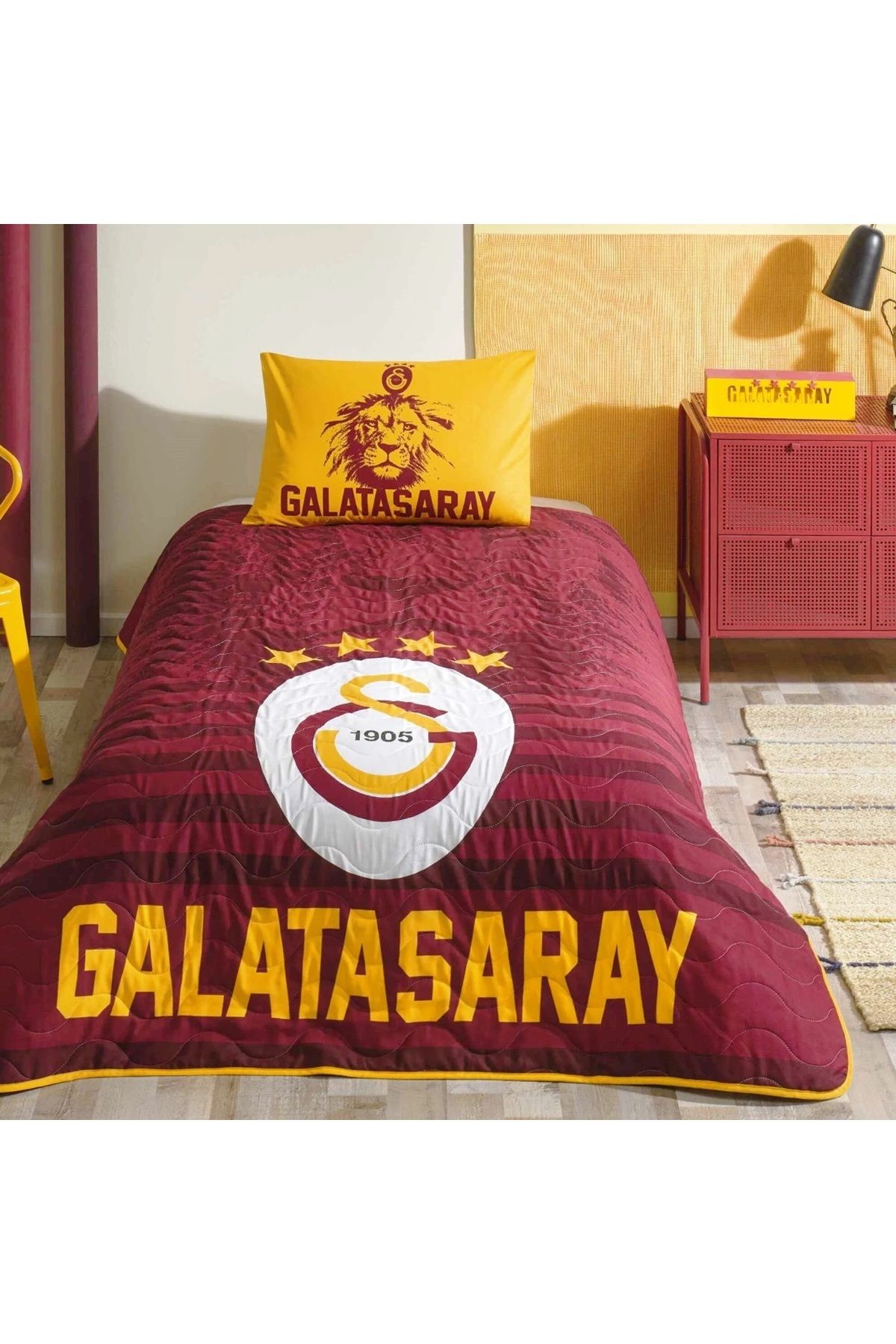 Taç Taç Taraftar Lisanslı Pamuklu Tek Kişilik Yatak Örtüsü Seti (160x230)-Galatasaray Stripe