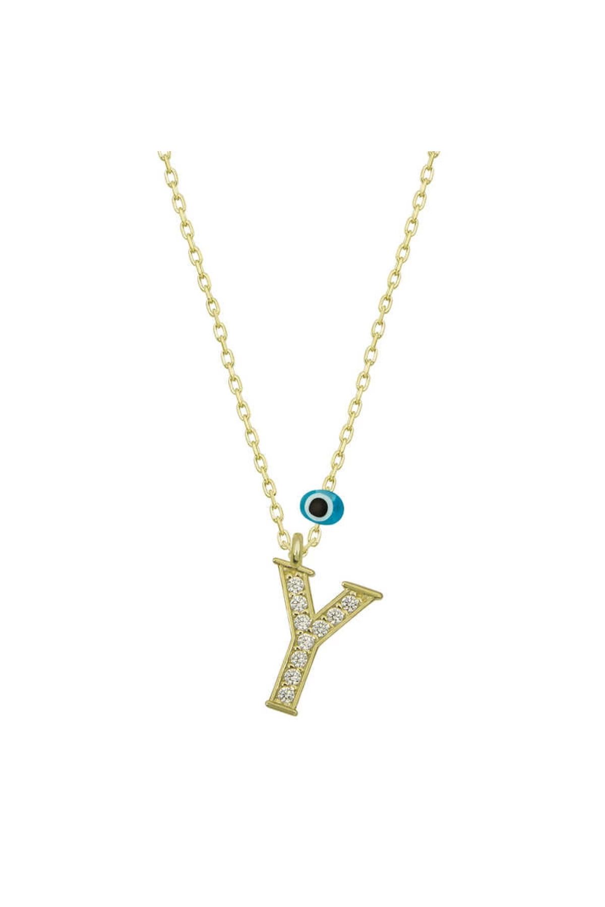 MT29 GİYİM 925 Ayar Gümüş Nazar Gold Y Harfi Kadın Gümüş Kolye (T6801) (336336)