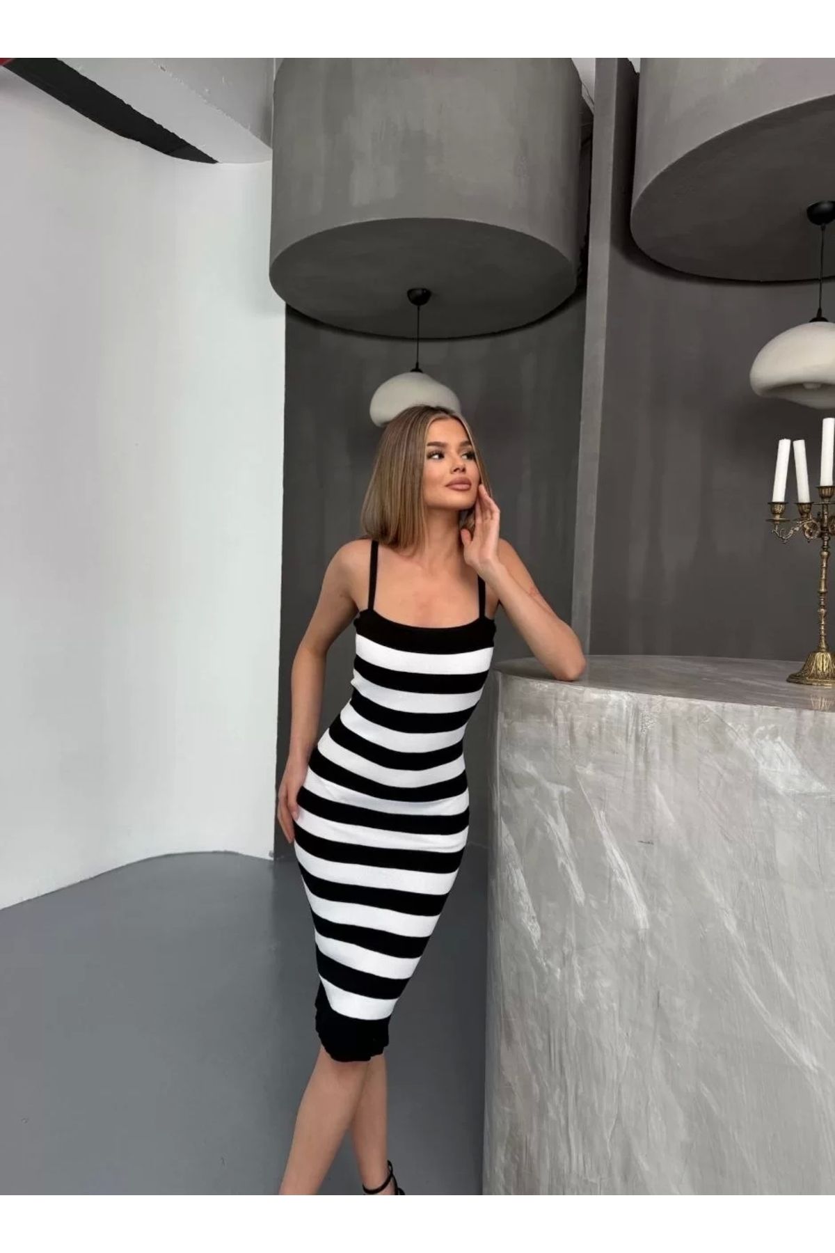 MODA CS Cizgili Triko Askılı Elbise- Siyah