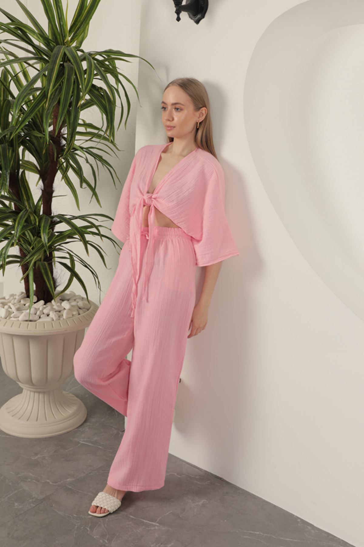 devrialemshoes Müslin Kumaş Bol Paça Kadın Pantolon-Pembe